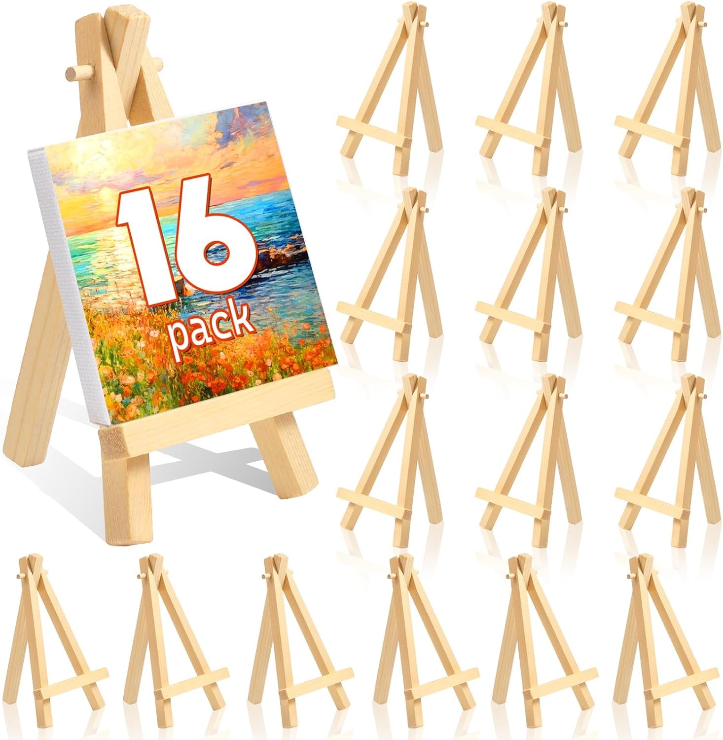 16 Pcs 5 Inch Mini Wood Display Easel, A-Shaped Small Wood Easel for Displaying Small Canvases, DIY Crafts, Photos, Gift, Home Decoration