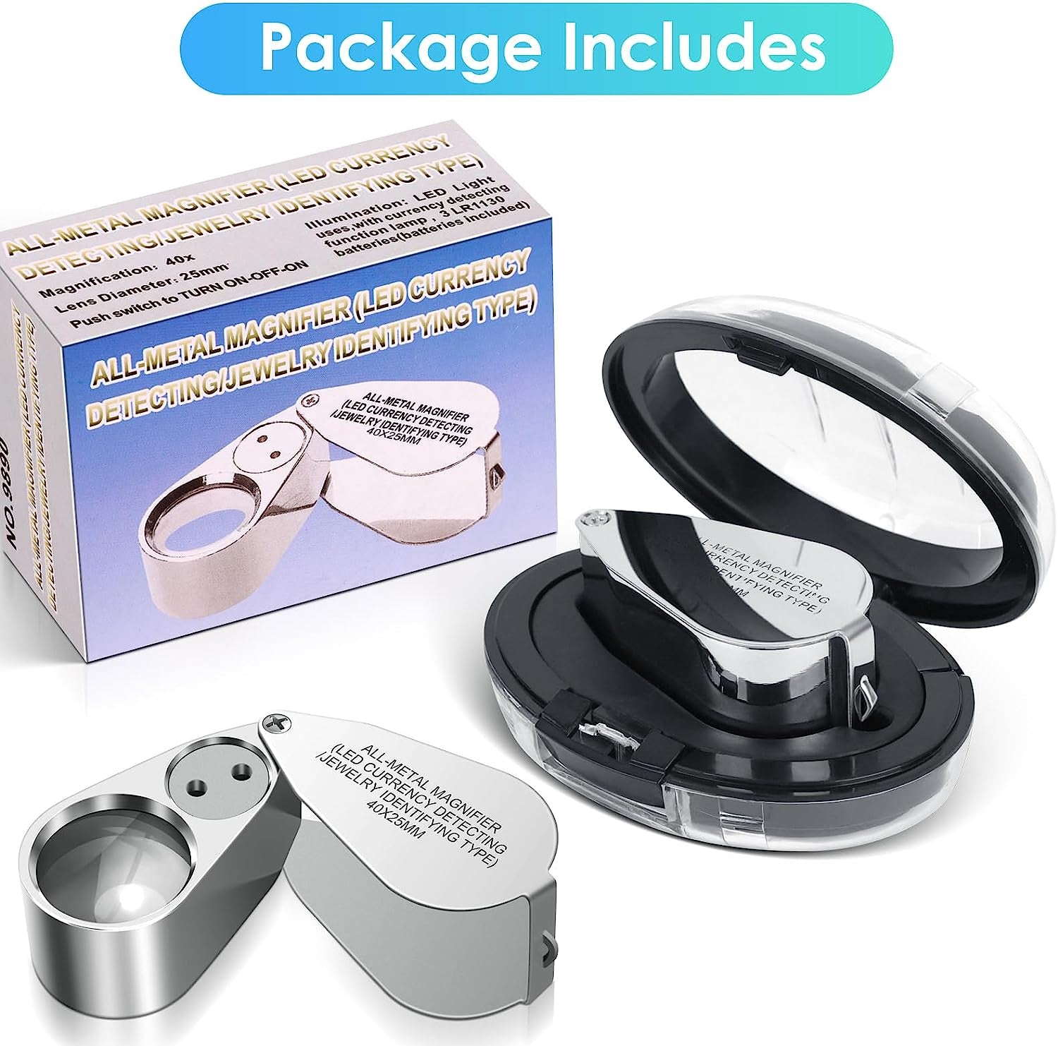 40X Jewelers Loupe Magnifier Magnifying Glasses, LED/UV Illuminated Jewelry Loop Pocket Folding Magnifying Glass with Metal Construction for Close Work, Gardening, Kids, Stamp, Rock Collecting