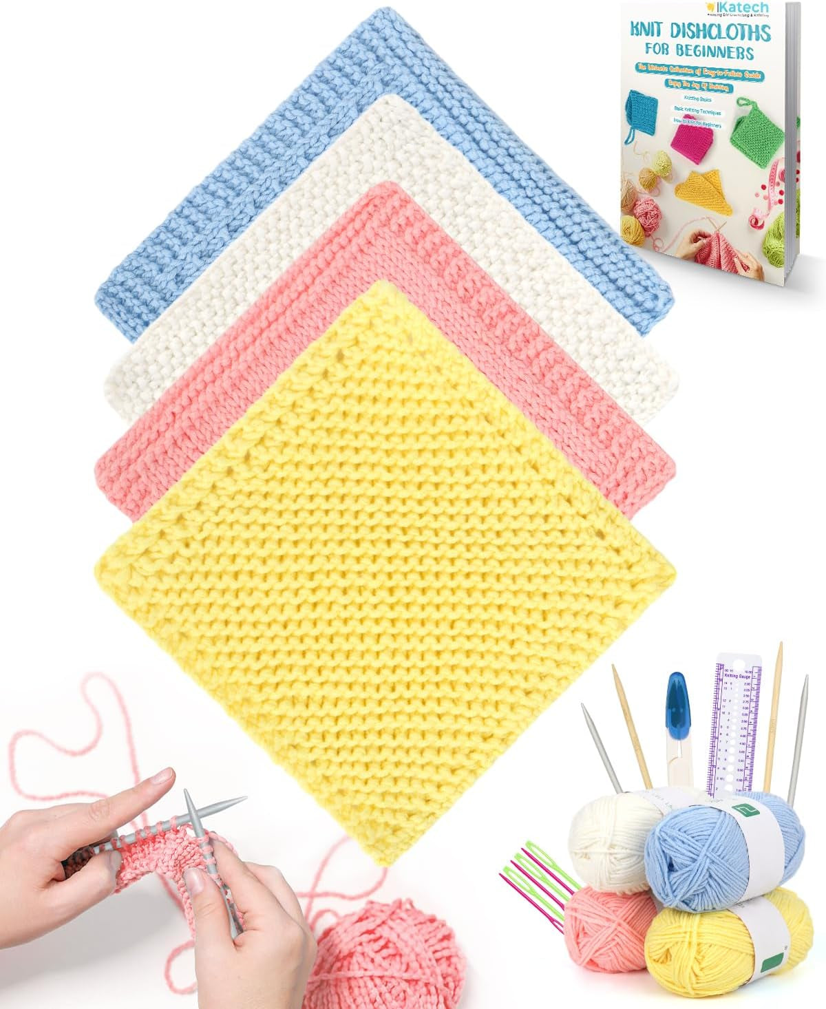 Knitting Kit for Beginners-Learn to Knit Dishcloth-Beginner Knitting Kit for Adults Kids with Knitting Book, Knitting Needles,Beginner Yarn, Yarn Needle, Craft Kits Gift (Beginner to Expert)