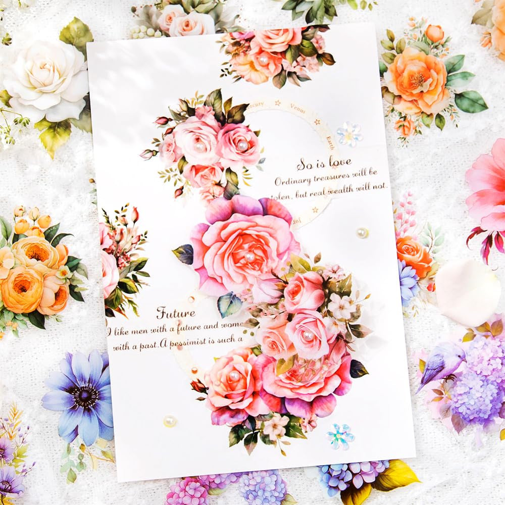 8Rolls Floral Washi Tape Set Flower Washi Tape Stickers Sunflower Rose Hydrangea Butterfly Decorative Masking Tape Vintage Washi Tapes Pet Tape Decorative Tape for Crafts Journaling Scrapbook Supplies