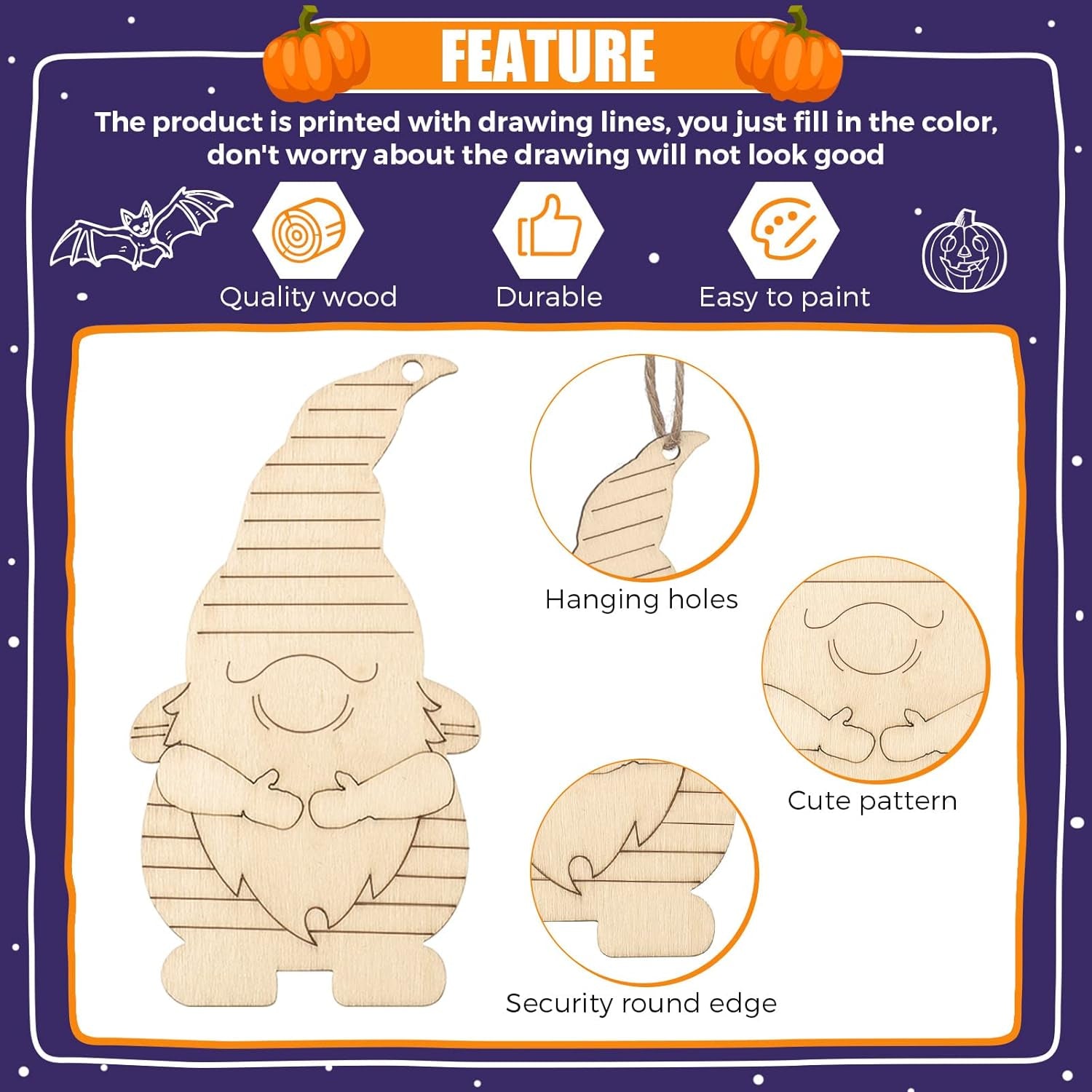 Halloween Unfinished Wooden Gnome Ornaments Include Blank Gnome Cutout Hanging Slices, Colored Marker, Bells for Kids Christmas Tree Craft Painting DIY All Festival(40 Sets)