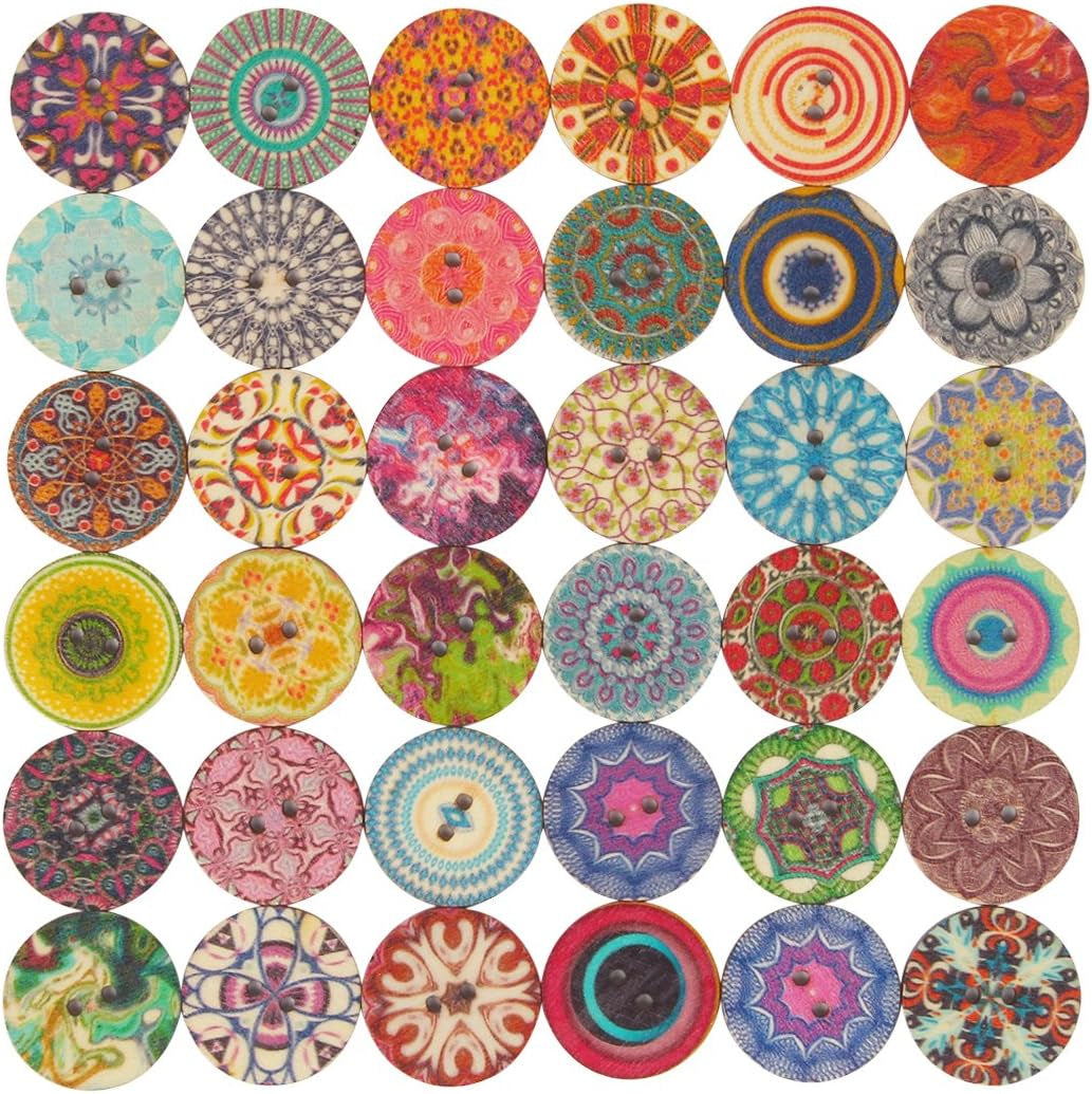 100Pcs Mixed Random Flower Painting round 2 Holes Wood Wooden Buttons for Sewing Crafting 20Mm