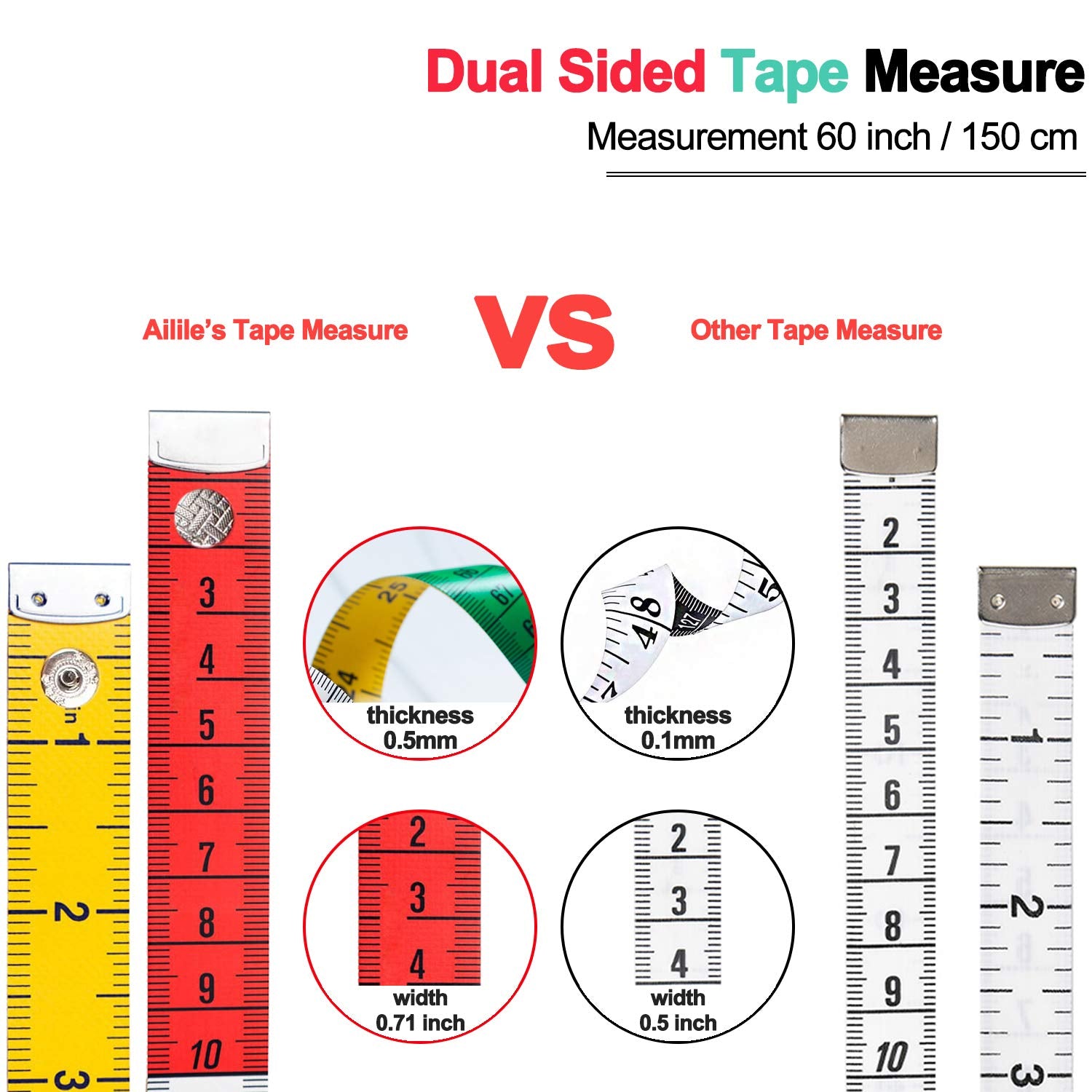 Tape Measure Measuring Tape for Body Fabric Sewing Tailor Cloth Knitting Home Craft Measurements,60-Inch/150-Cm Soft Multicolor Tape Measure Body Measuring Tape Set with Snap Button Closure,Dual Sided