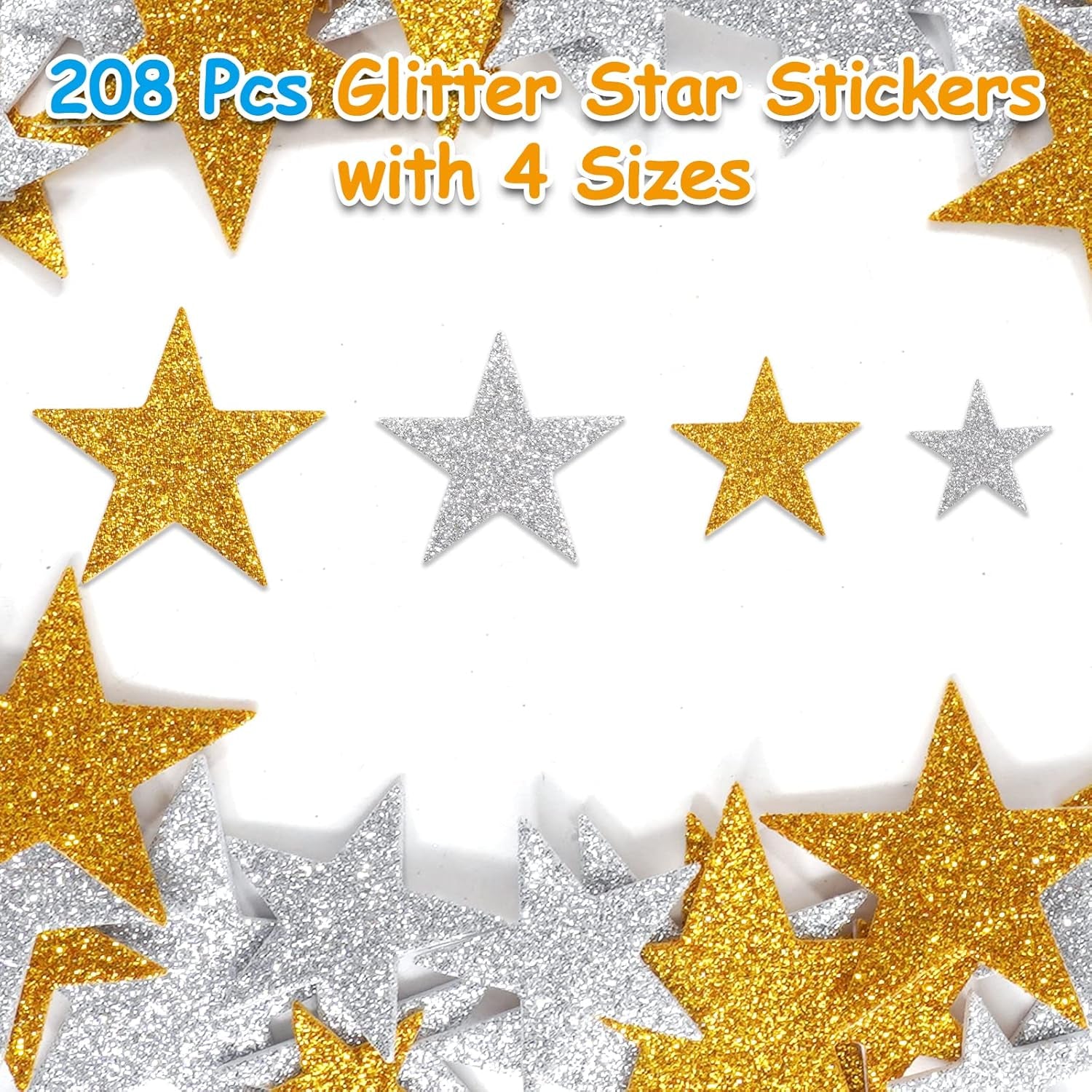 Glitter Star Foam Stickers - Sparkly Gold and Silver,Self Adhesive for Kids Crafts - Large & Small Sticky Stars Shape Pack of 208 PCS.