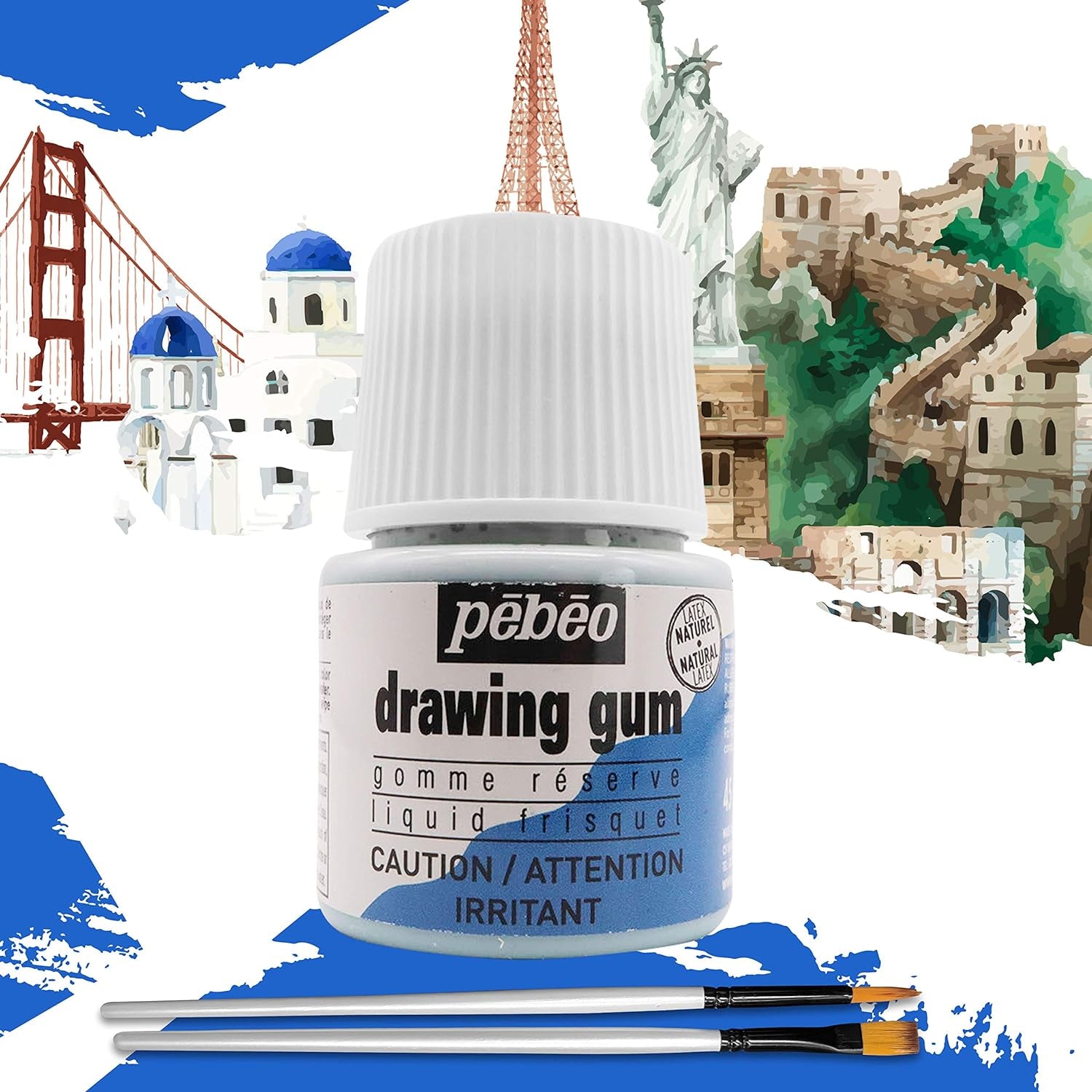 Pebeo Drawing Gum Made in France - Masking Fluid for Watercolor Painting and Various Art Projects - Bundled with  Applicator Brush Set