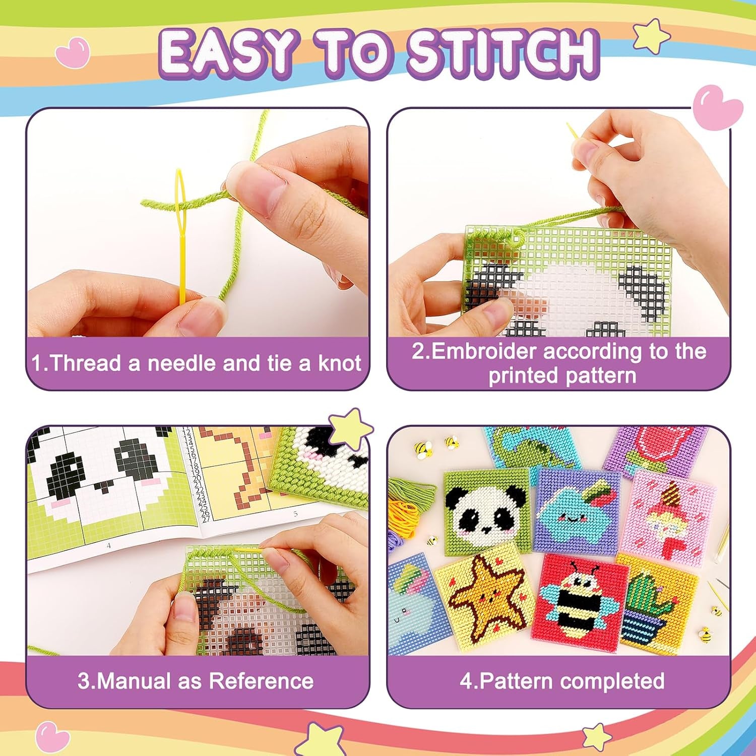 8-In-1 Cross Stitch Kit for Beginners Kids, Includes 8 PCS Plastic Canvas with Pre-Patterns, 13 Colors Threads, Instructions, Embroidery Needles for Beginners Sewing