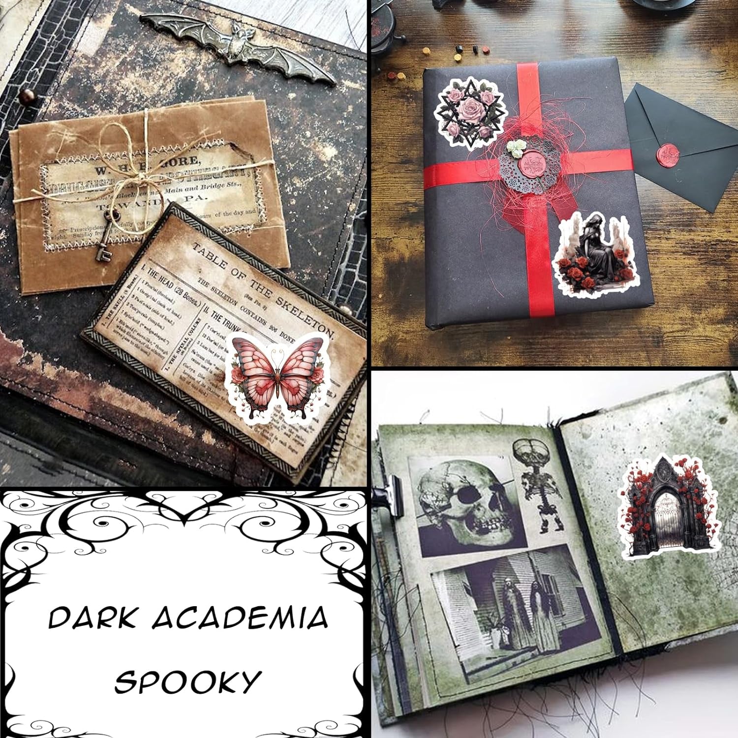 100 Pcs Dark Aesthetic Goth Style Stickers, Vintage Rose Skull Stickers Horror Vinyl Decals for Water Bottles Laptop Phone Scrapbook Junk Journal Collage DIY Crafts