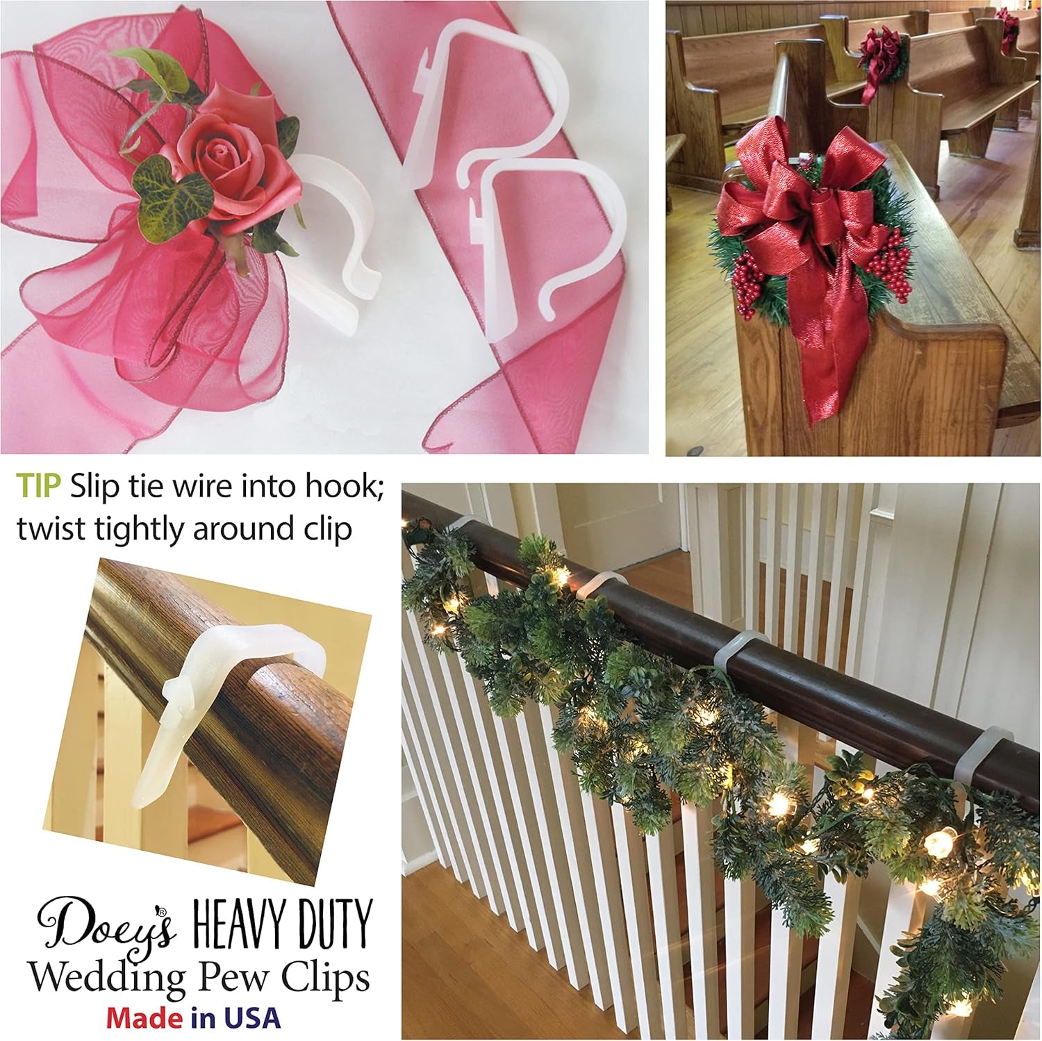Church Pew Clips and Bow Holders - Wedding Decorations Made in USA Heavy Duty Plastic Hooks Attach Pew Bows, Flowers, Signs, Tulle to Aisle Chairs, Pew Ends, Tables, Railings (Pack of 12)