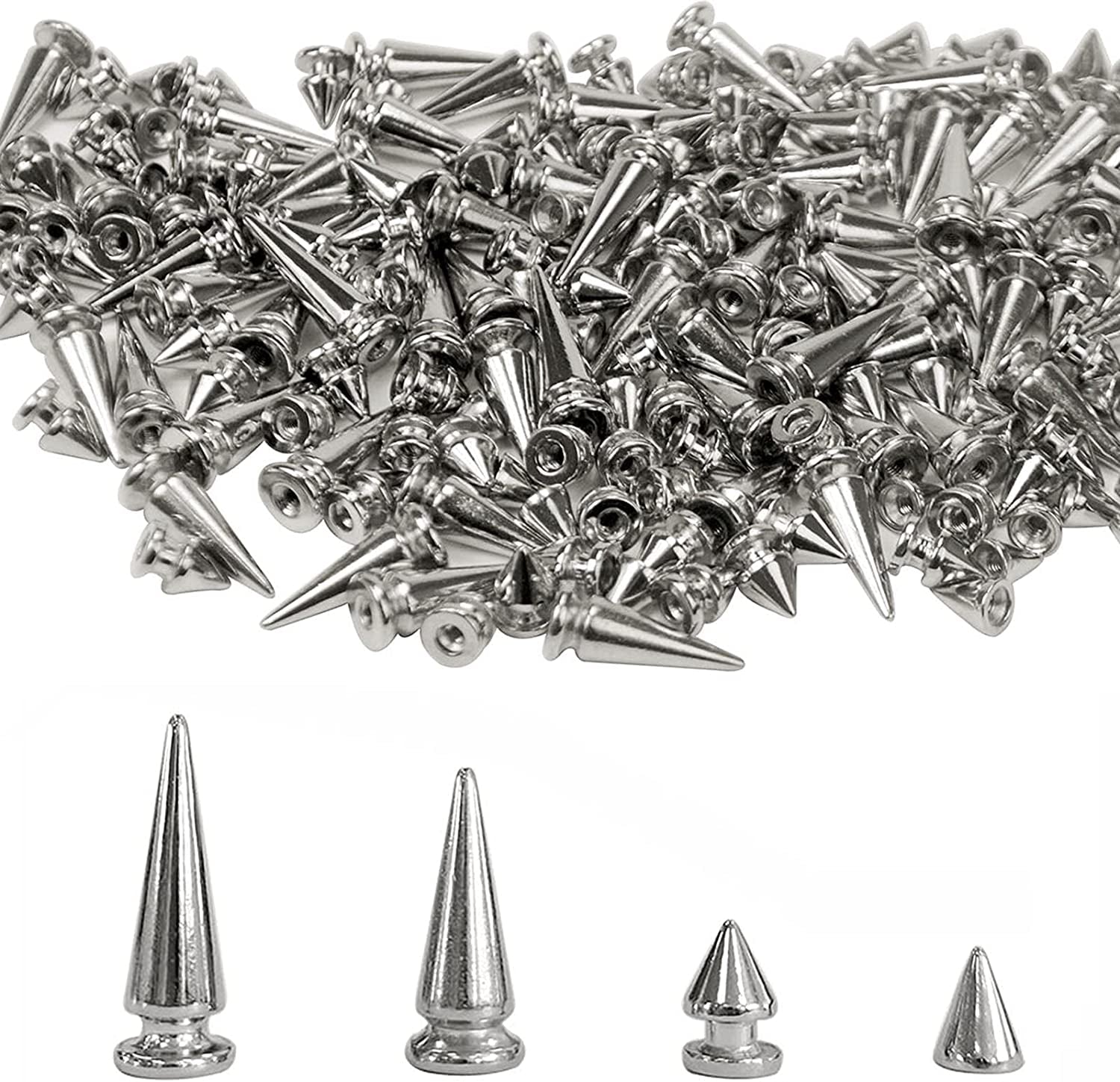 200 Sets Silver Cone Spikes Multiple Sizes Screw Back Studs Punk Rock Bullet Rivets for DIY Clothing Leather Craft