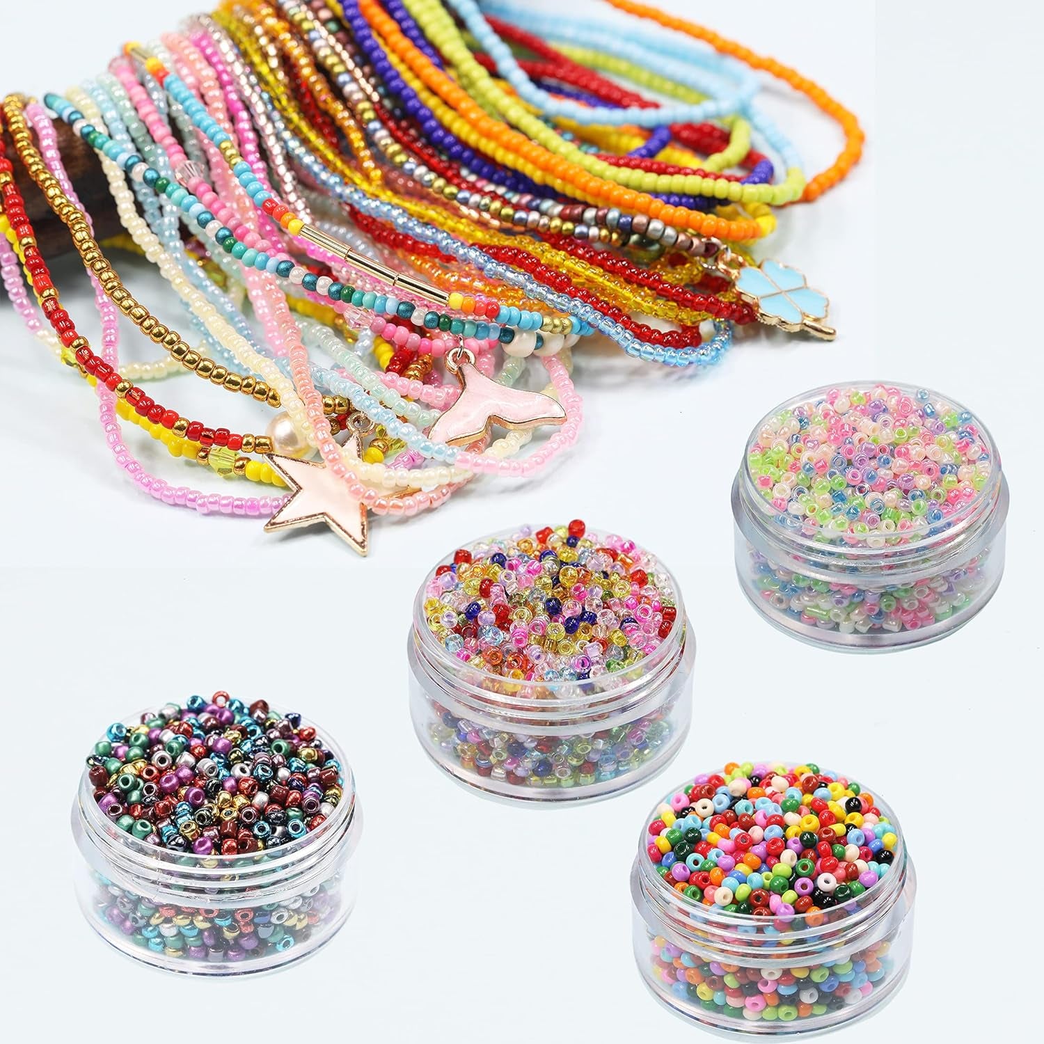 Total 48000Pcs Size 2Mm Seed Beads for Jewelry Making,12/0 Tiny Craft Beading Kit Set,260Pcs Letter Alphabet Beads with Elastic String,Earring Hooks and Claw Clasps