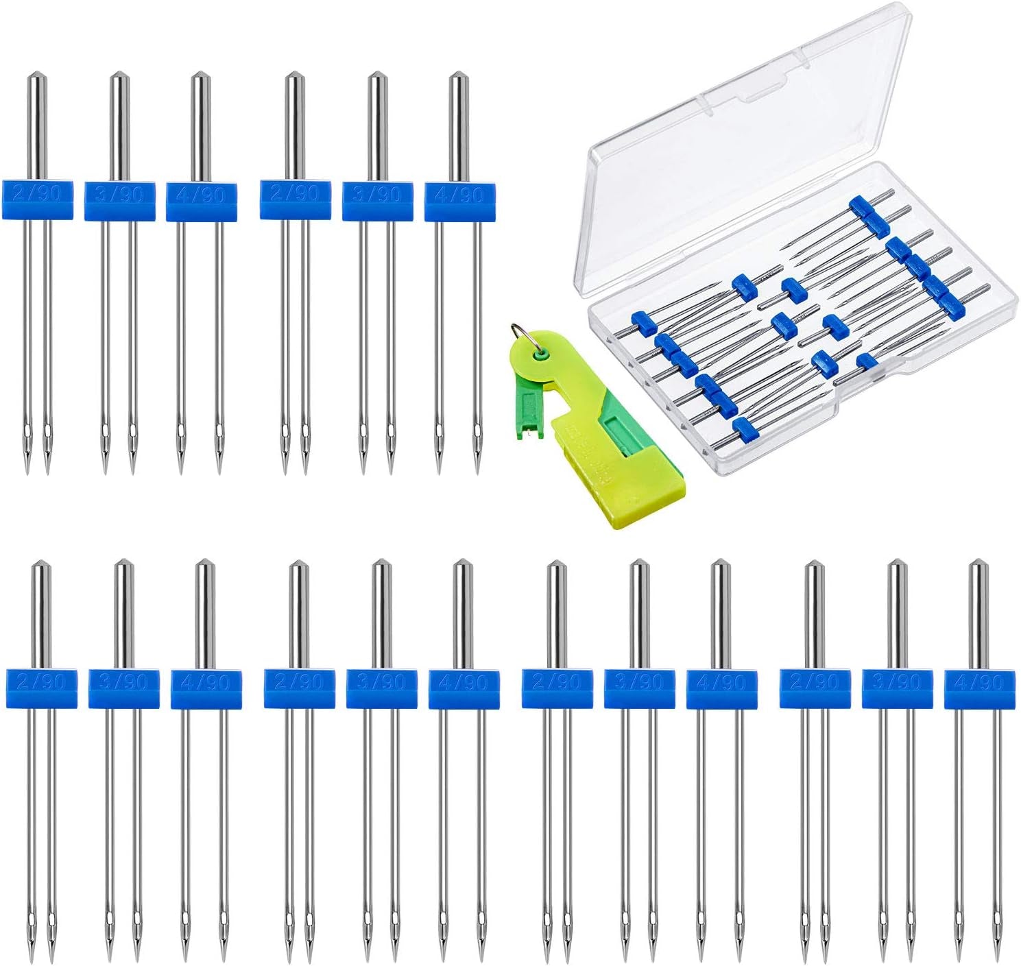 18 Pieces Sewing Machine Twin Needles Double Twin Needles Pins Twin Stretch Needles with Plastic Box, Automatic Needle Threader for Household Sewing Machine, 3 Mixed Sizes 2.0/90, 3.0/90, 4.0/90
