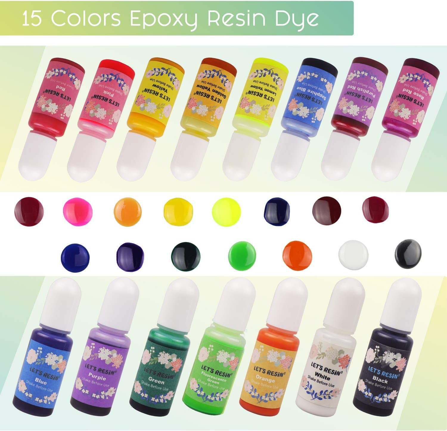 Epoxy Resin Dye,15 Color Translucent Epoxy Resin Pigment,Odorless Concentrated Epoxy Resin Paint Each 0.35Oz,Liquid Resin Colorant for Resin Coloring,Epoxy Resin,Resin Molds