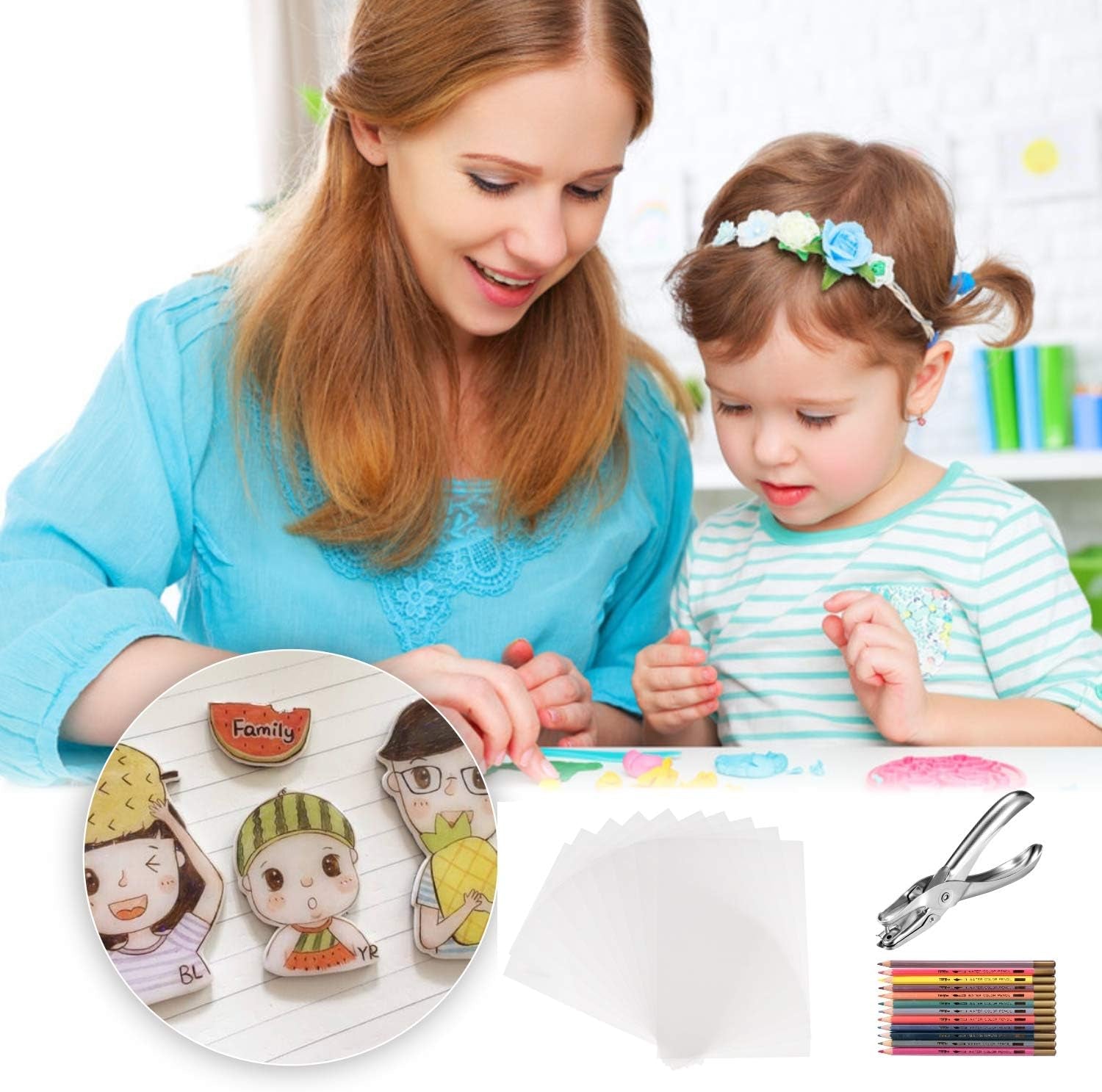 64Pcs Heat Shrink Plastic Sheets&amp; Shrinky Art Paper Kit with 15PCS Clear Plastic Blank Sheets, Hole Punch, Keychains, Colored Lobster Clasp, Pencils for Kids Creative DIY Handmade Craft