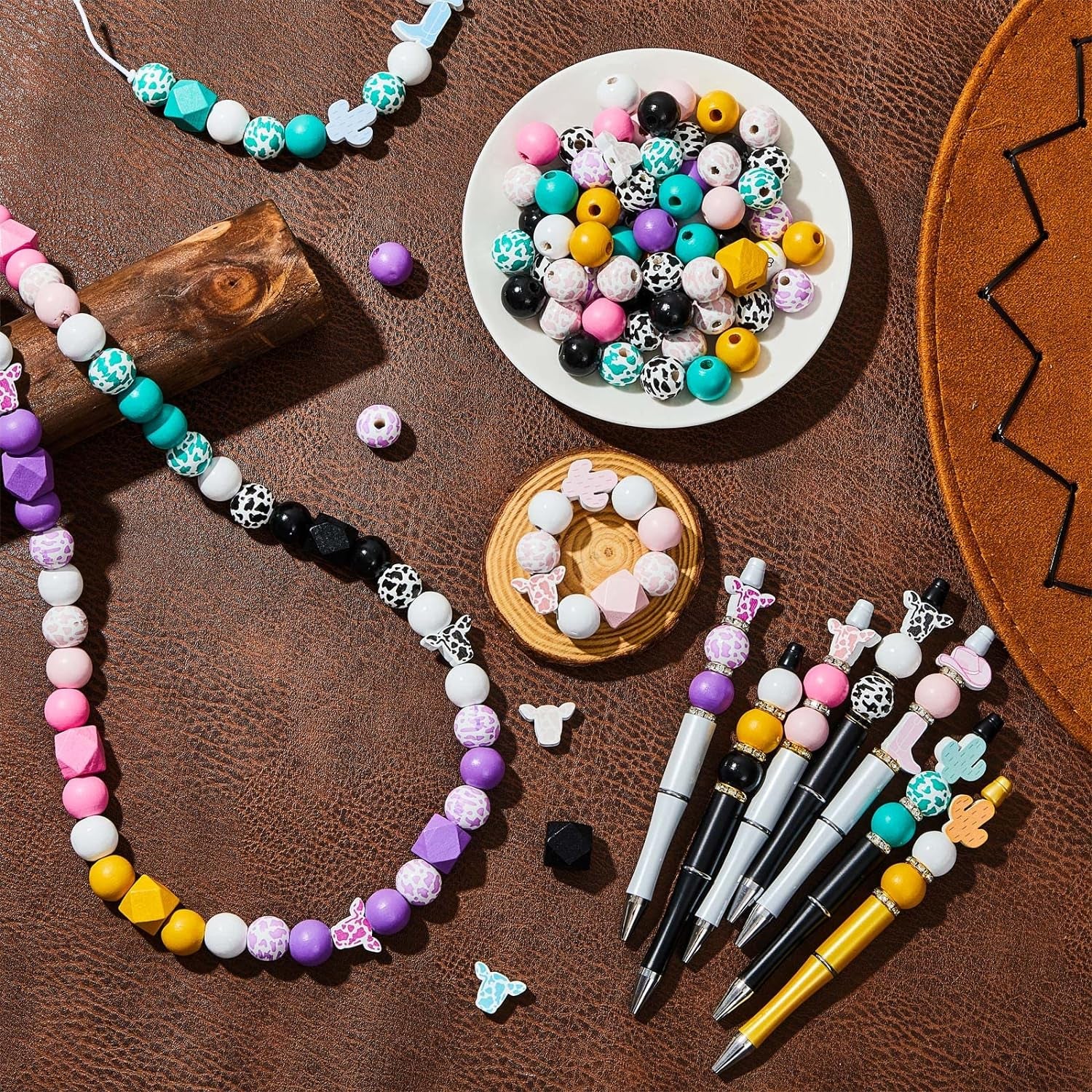 197 Pcs Cow Beads Western Beads Wood Beads for Jewelry Making Beads for Pens Colorful Wood Beads for Crafts with Rope Keyring for DIY Adults Jewelry Bracelets