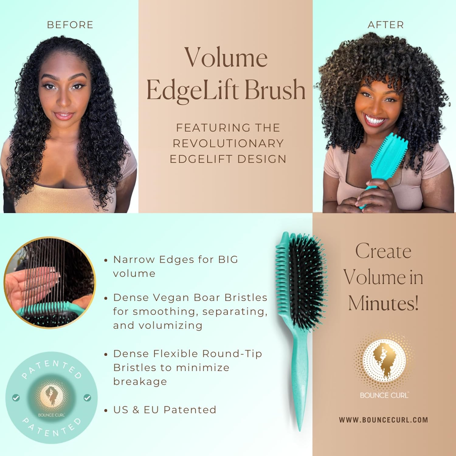 Bounce Curl Volume EdgeLift Brush, 5-in-1 Tool for Volumized, Defined Curls, Waves &amp; Coils - Teal