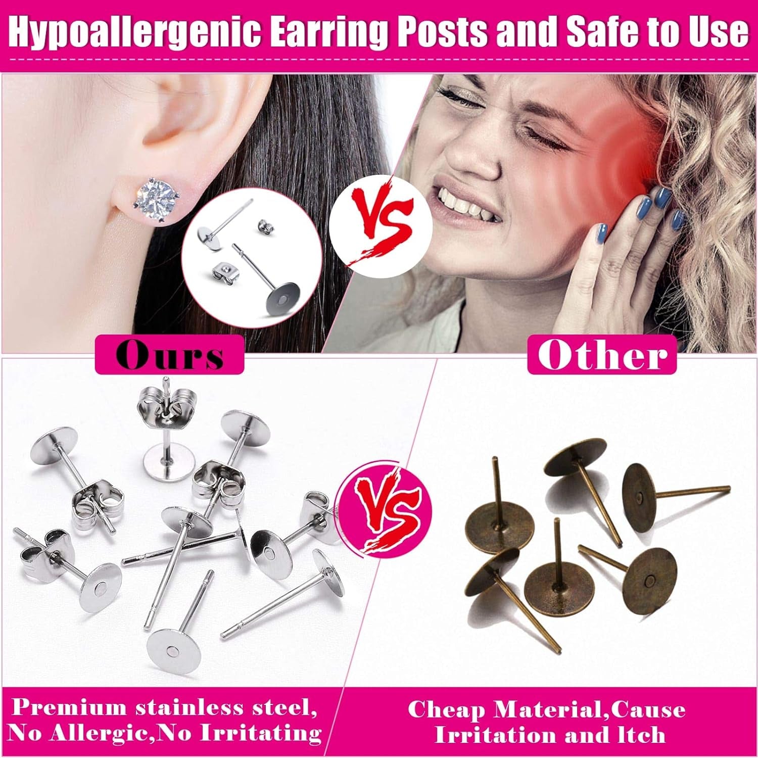 Earring Posts and Backs,  700Pcs Stud Earring Making Kit with 300Pcs Stainless Steel Earring Posts and 400Pcs Earring Backs, Earring Supplies Kit for DIY Earrings and Jewelry Making