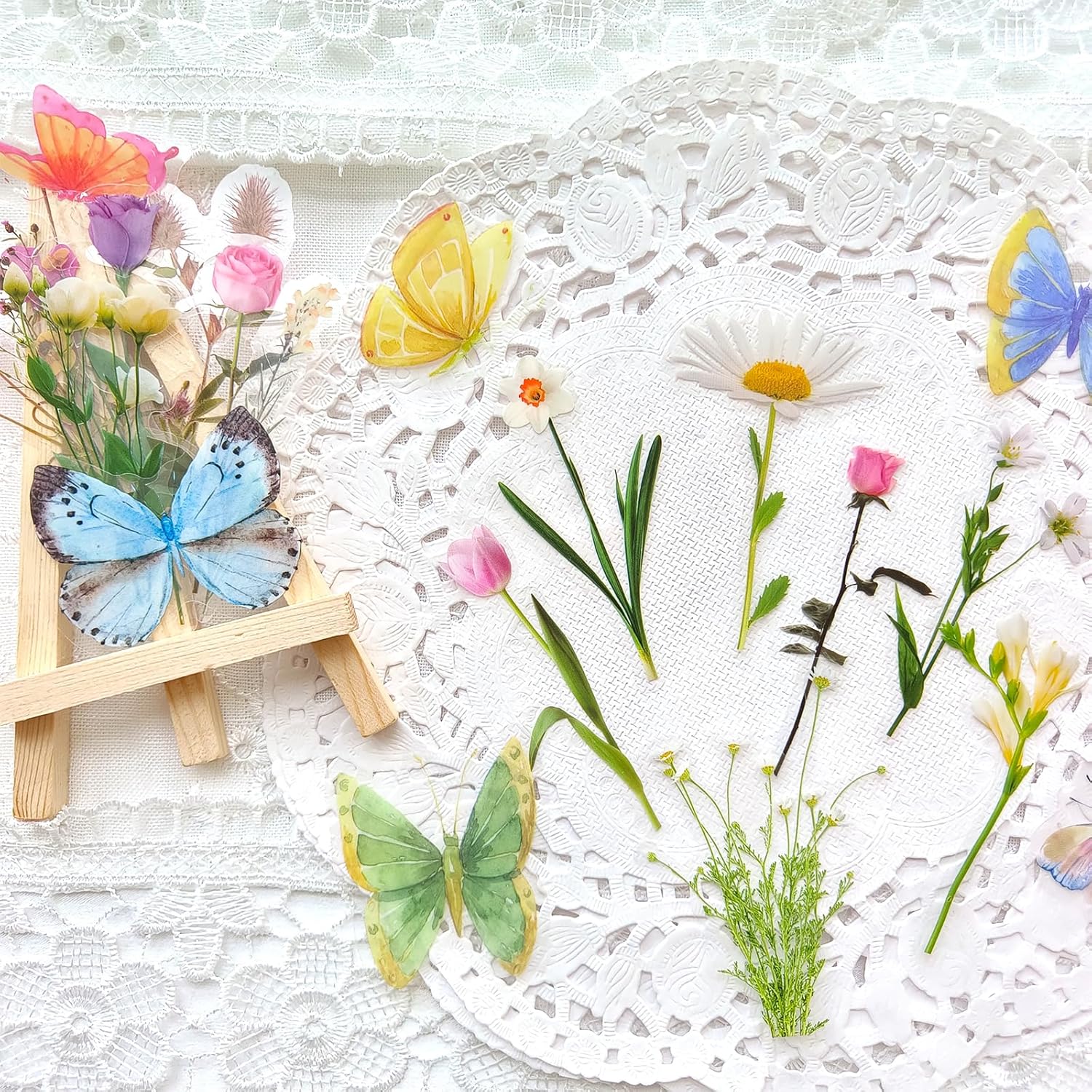 Butterfly Floral Stickers Bulk - 320 Pcs Transparent Realistic Dried Pressed Flower Stickers for Crafts, Envelopes, Scrapbook, Junk Journal Supplies - Waterproof Clear Wildflower for Resin