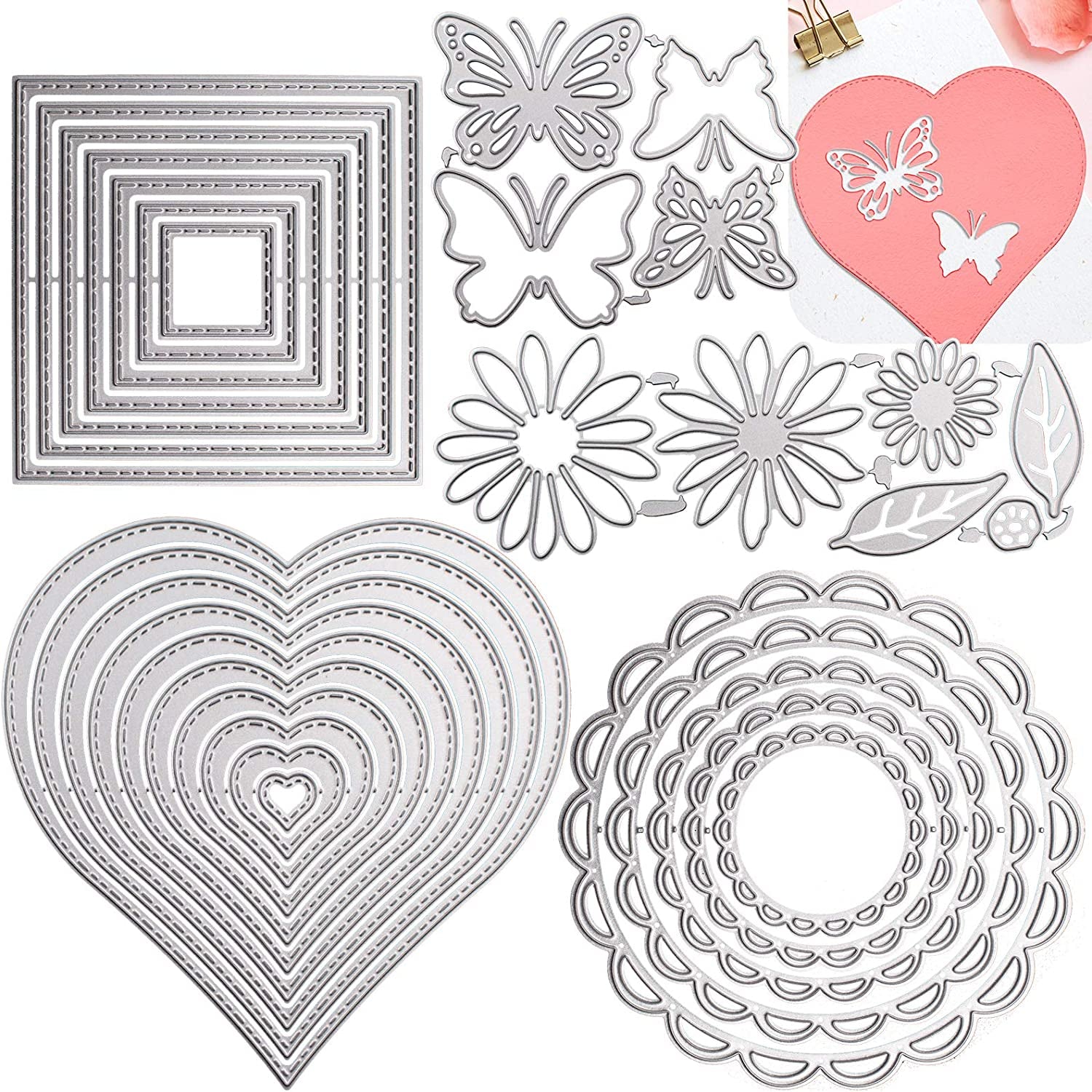 Dailytreasures 5 Set Cutting Dies Stencil, 32Pcs Metal Template Moulds Multi-Shape DIY Craft Embossing Tools for Album Scrapbooking Art & Mother'S Day Card Making(Heart/Square/Round/Butterfly/Flower)