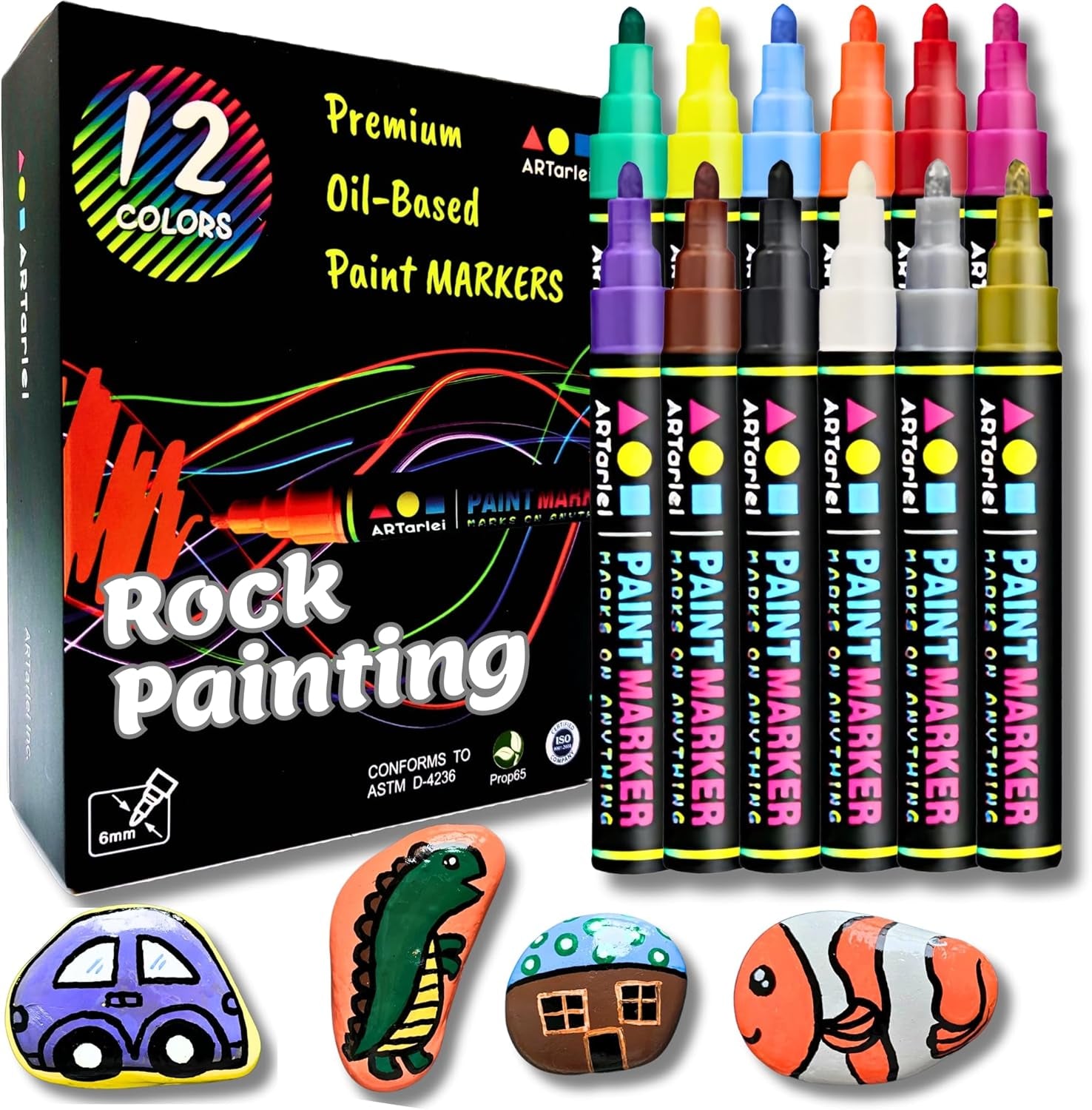 Rock Painting Perfection Markers Pens: 12 Vibrant Colors - Permanent, Oil-Based, Waterproof, Fade-Resistant, Non-Toxic - Precision Tips for Brilliant Stone Art
