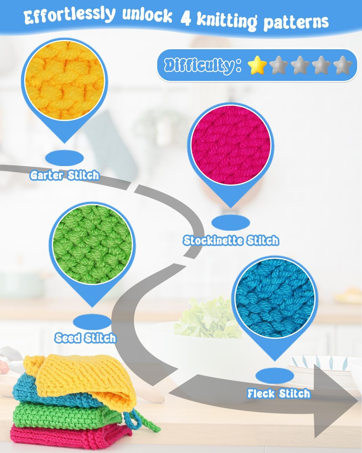 Knitting Kit for Beginners-Learn to Knit Dishcloth-Beginner Knitting Kit for Adults Kids with Knitting Book, Knitting Needles,Beginner Yarn, Yarn Needle, Craft Kits Gift (Beginner to Expert)