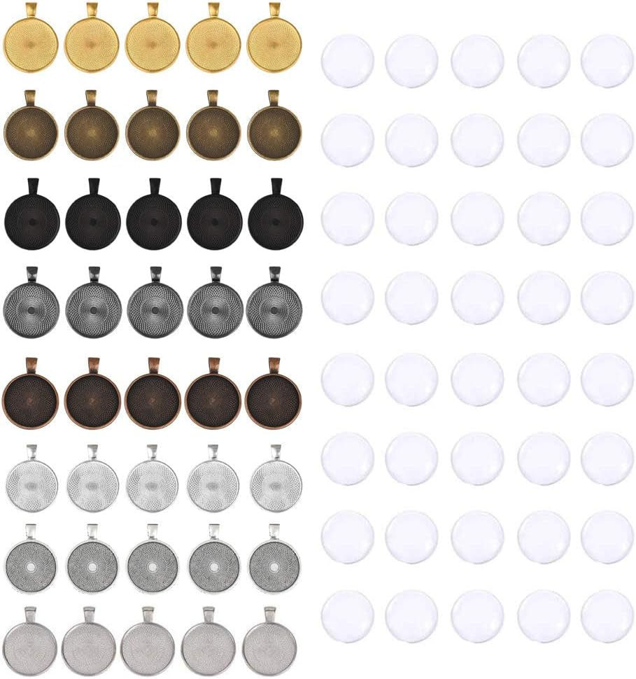80Pcs Pendant Bezels &amp; Clear Cabochon Domes Set for Photo Pendant Resin Craft Jewelry Making, 40Pcs Mixed Color Pendant Trays with 40 Pcs Transparent Glass Cabochons 1 Inch/25Mm Matching