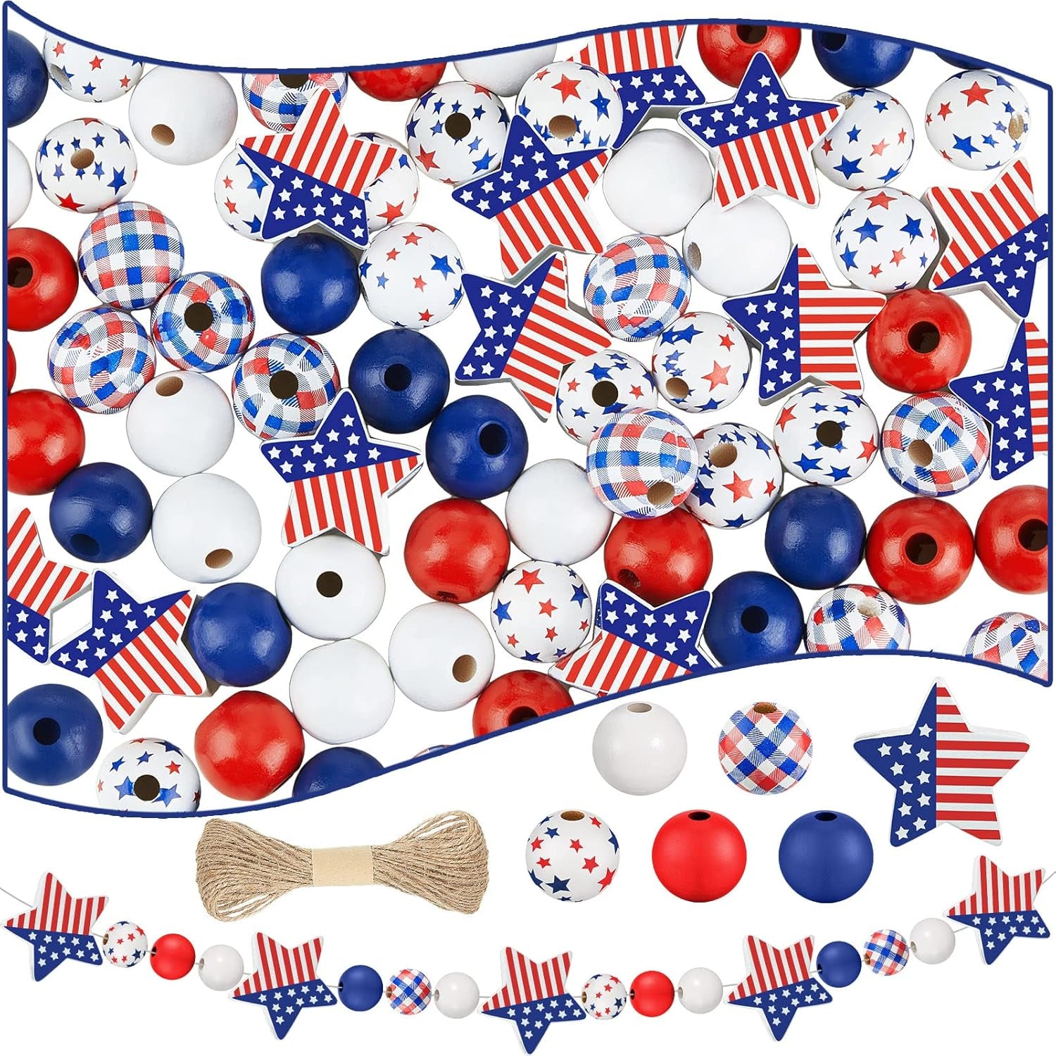 180 Pieces Patriotic Beads 4Th of July Wood Beads Independence Day Craft Bead America Flag Stars Beads Blue White Red Plaid Bead for DIY Garland Bracelet Necklaces Tiered Tray Decor (Classic Style)