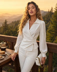 Elevate Your Elegance: TIAFORD Women's Chic Ruched Wrap Blouse with Puff Sleeves"