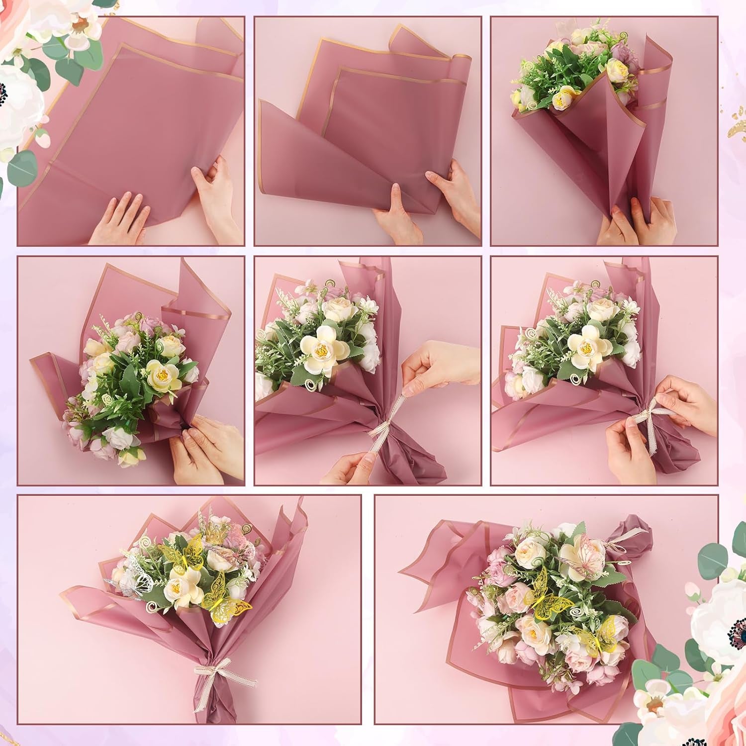 243 Pcs Flower Bouquet Wrapping Paper Waterproof Floral Wrapping Paper Florist Supplies with Butterfly Decoration Crowns Ribbons Bouquet Pin Glue for DIY Craft (Elegant Color)