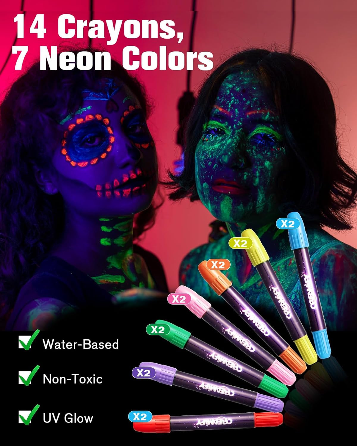 14 Pcs Glow in the Dark Face Paint,  Black Light Neon Face & Body Paint, Halloween Masquerade Makeup Sticks, Fluorescent Crayons Kit for Kids