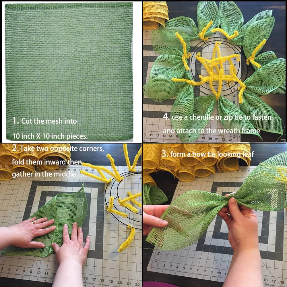 4 Rolls Poly Burlap Deco Mesh 10 Inches Kit for DIY Front Door Sunflower Wreath Zip Ties Chenille Stems Included (Yellow-Green-Burlap)