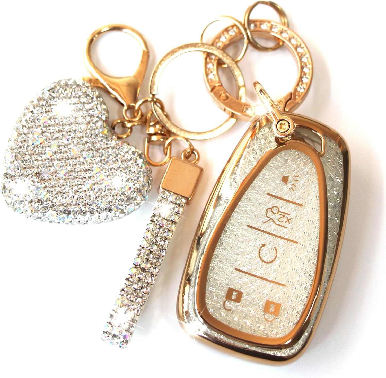 Key Fob Cover with Diamond Keychain for Women Car Key Holder Compatible with Chevy Chevrolet Equinox Malibu Cruze Traverse Camaro Trax Blazer Volt Bolt Protector, 5 Buttons (Silver-Heart)