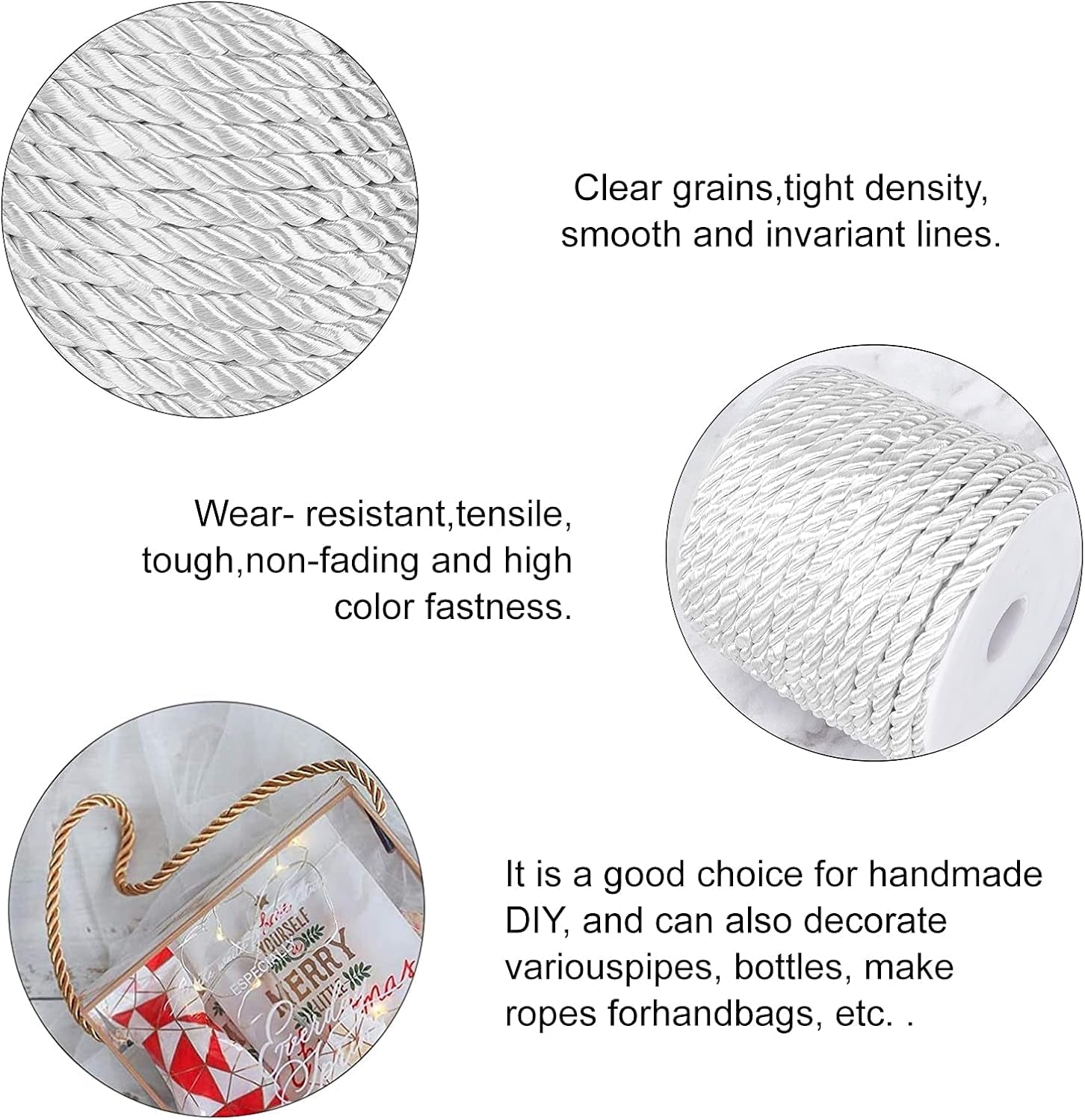 59 Feet Twine Cord Rope 5Mm Twist Cord 3 Braided Decorative Rope Cord Satin Silk Thread for Handfasting Home Decor Upholstery Curtain Tieback Honor Cord Graduation Cord White