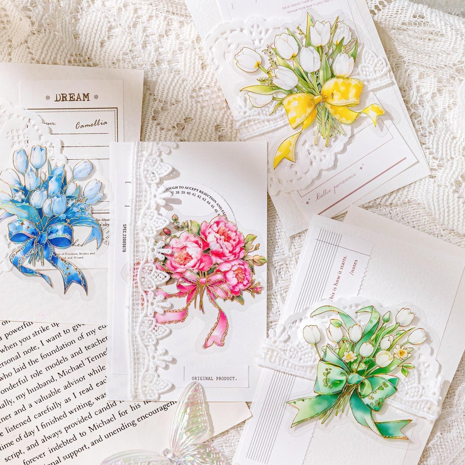 120Pcs Scrapbook Stickers Flower Bouquet Bow Scrapbooking Junk Journal Crafts Embelishment Decoration Diary Stickers (Menghuanzhiwu)