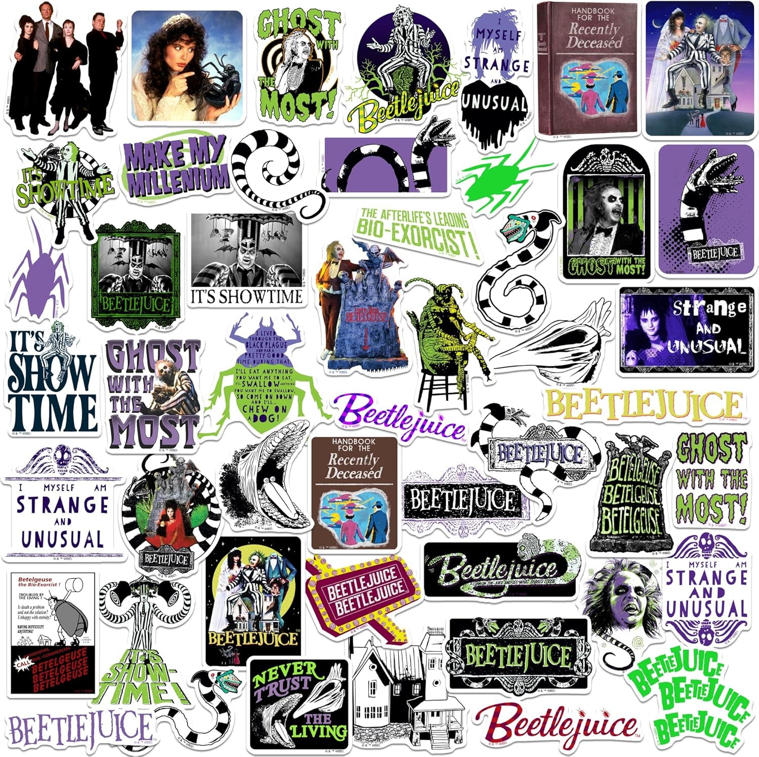 Beetlejuice 50Ct Vinyl Large Deluxe Stickers Variety Pack - Laptop, Water Bottle, Scrapbooking, Tablet, Skateboard, Indoor/Outdoor - Set of 50
