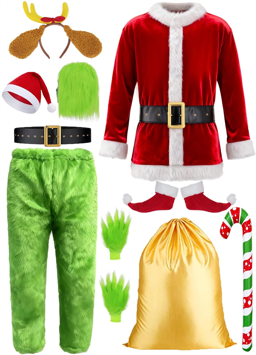 10pcs Adults Santa Costume Suit with Mask Mens Deluxe Christmas Green Santa Claus Outfit for Halloween