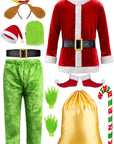 10pcs Adults Santa Costume Suit with Mask Mens Deluxe Christmas Green Santa Claus Outfit for Halloween