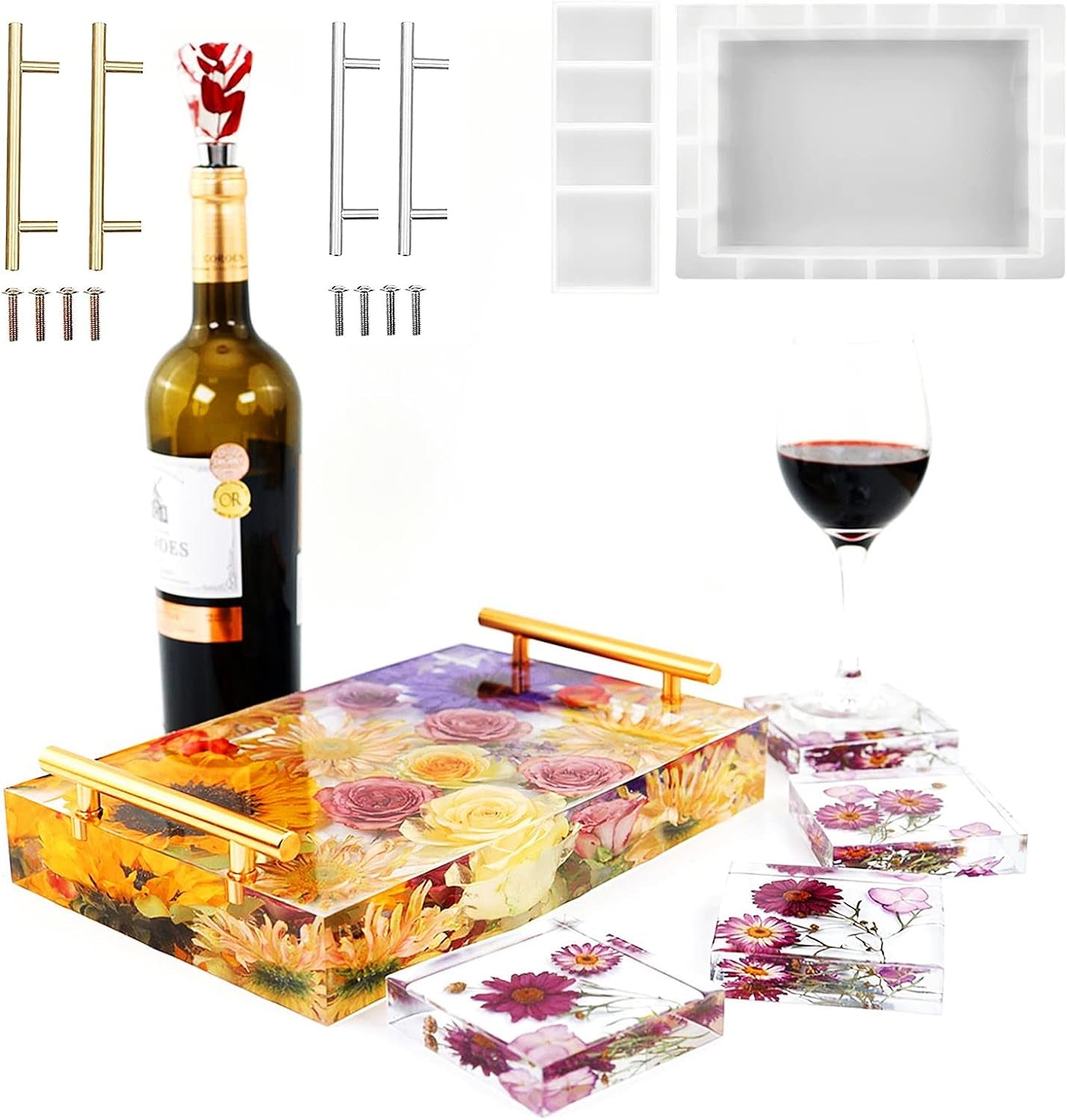 Large Silicone Tray Molds for Resin, 13.5"X9.5" Deep Rectangle Epoxy Tray Molds and 4Pcs Square Coaster Molds for Resin Table Mold Casting, Resin Tray Kit for DIY Art Home Decoration