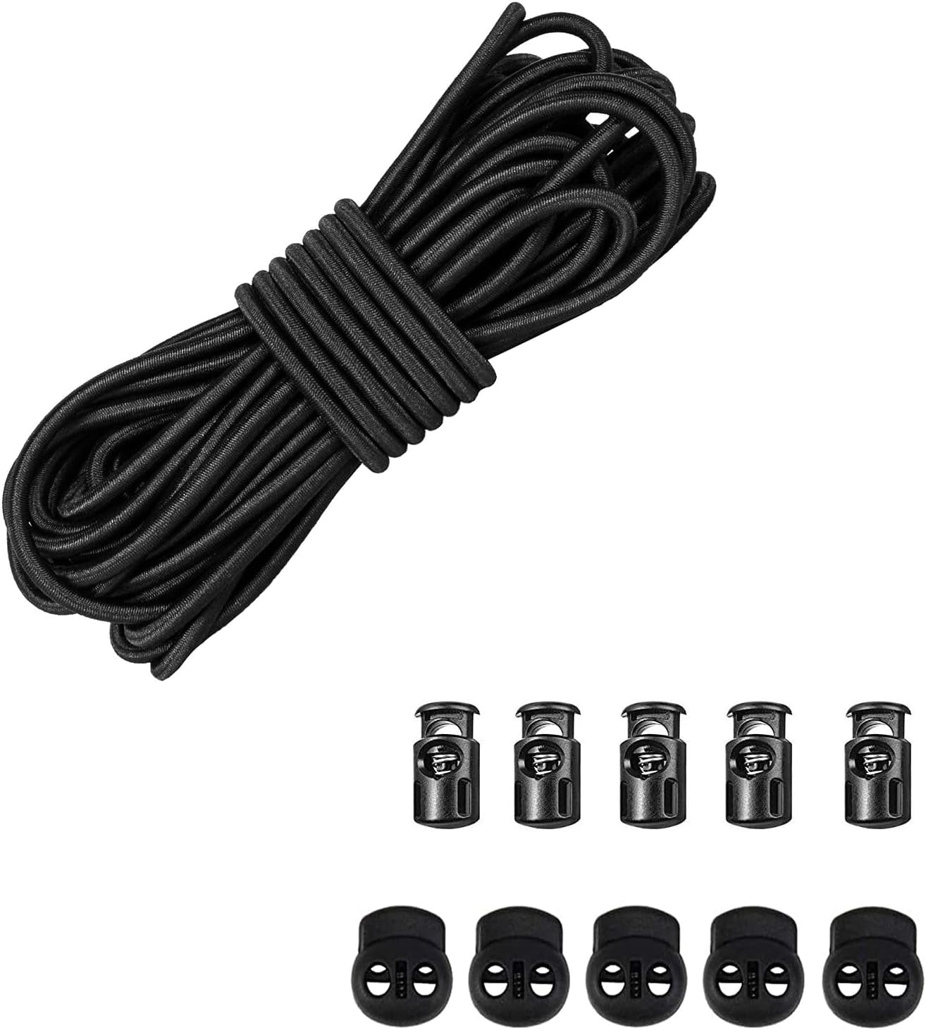 Versatile 1/8-Inch (3Mm) Elastic Cord - 10 Yards with 10 Pack Plastic Spring Cord Locks - Stretch Cord, Elastic Rope, and Drawstring Cord for Sewing, Crafting, and DIY Projects (Black)