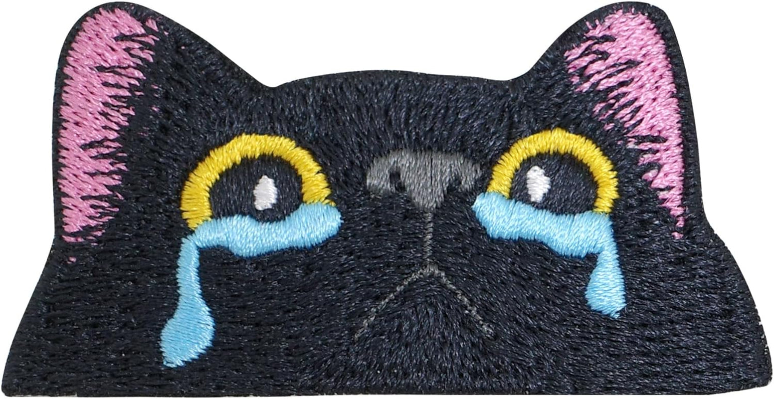 Black Cat Face Iron on Patches for Clothing Embroidered Applique Patch Badge Sew on Cry Cat Emblem DIY Craft (Cry Cat)