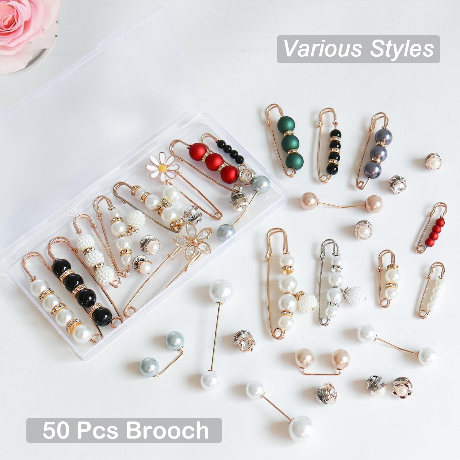 50 Pcs Pearl Brooch, Sweater Shawl Hat Clip Neckline Pins Double Faux Pearl Brooches for Women Girls Fashion Cover up Buttons Clothing Dresses Decoration Accessories Pant Waist Tightener Safety Pins