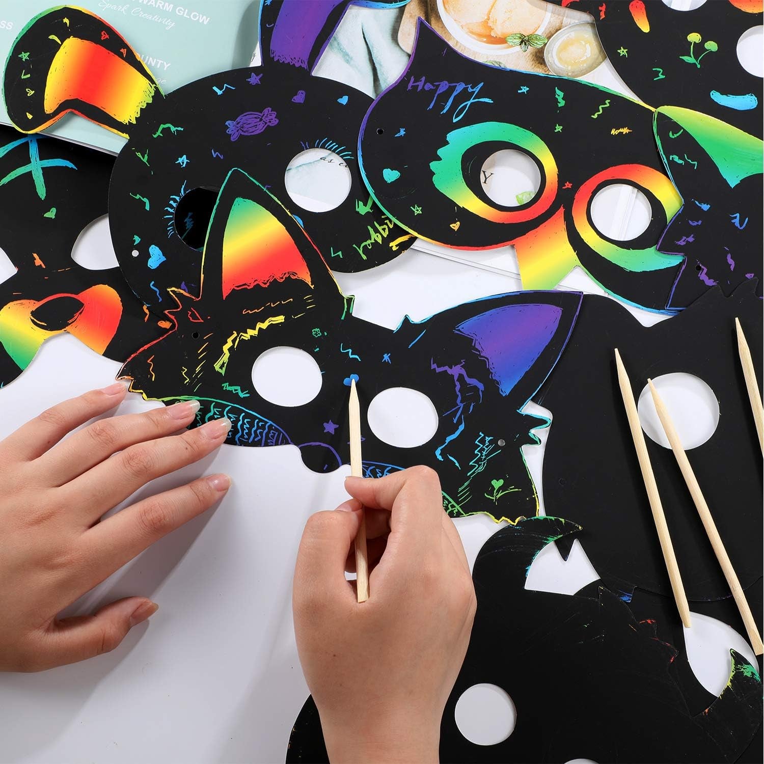 36 Pieces Scratch Paper Animal Masks Rainbow Masks with Elastic Cords and 12 Pieces Wood Stylus for Costume Dress up Parties Decorations and DIY