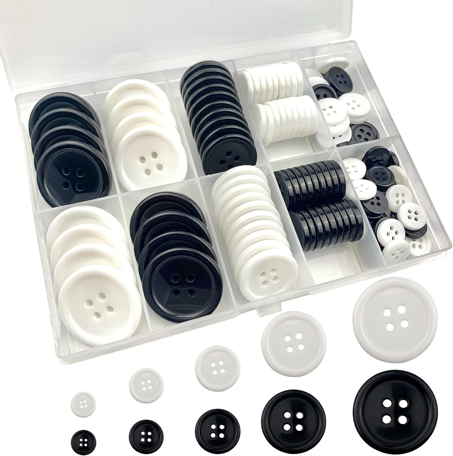 162 PCS Mixed Resin Sewing Buttons, Eco-Friendly 1 Inch Buttons with Compartmentalized Storage Box Black Buttons, 4 Holes 5 Sizes DIY White Buttons, Suitable for Sewing, DIY and Holiday Decoration.