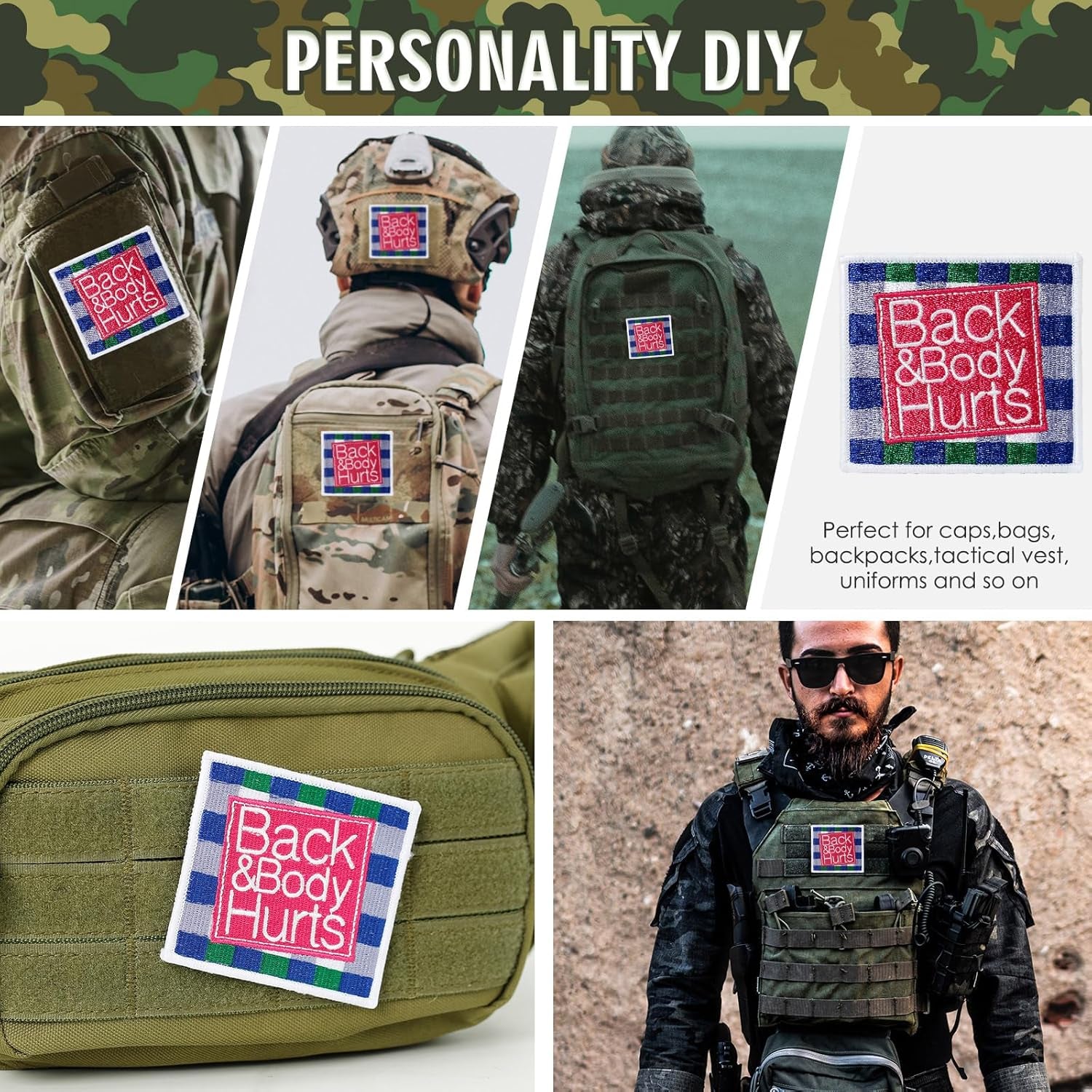 2 Pcs Back and Body Hurts Patches, Funny Morale Patch for Blue Collar Worker Builder, Embroidered Tactical Patch for Backpacks, Hard Hats, Dog Harnesses, Vests, Bags