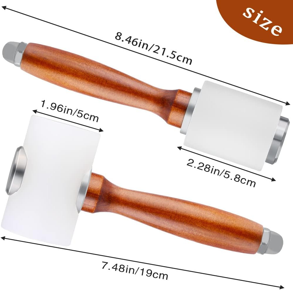 Leather Carving Hammer 2 Pieces, Leathercraft Mallet, Nylon Wood Handle Hammer, Leather Carving Hammer Mallet for DIY Stamping Sew Leather Cowhide Tool(1 T Hammer + 1 Vertical Hammer)