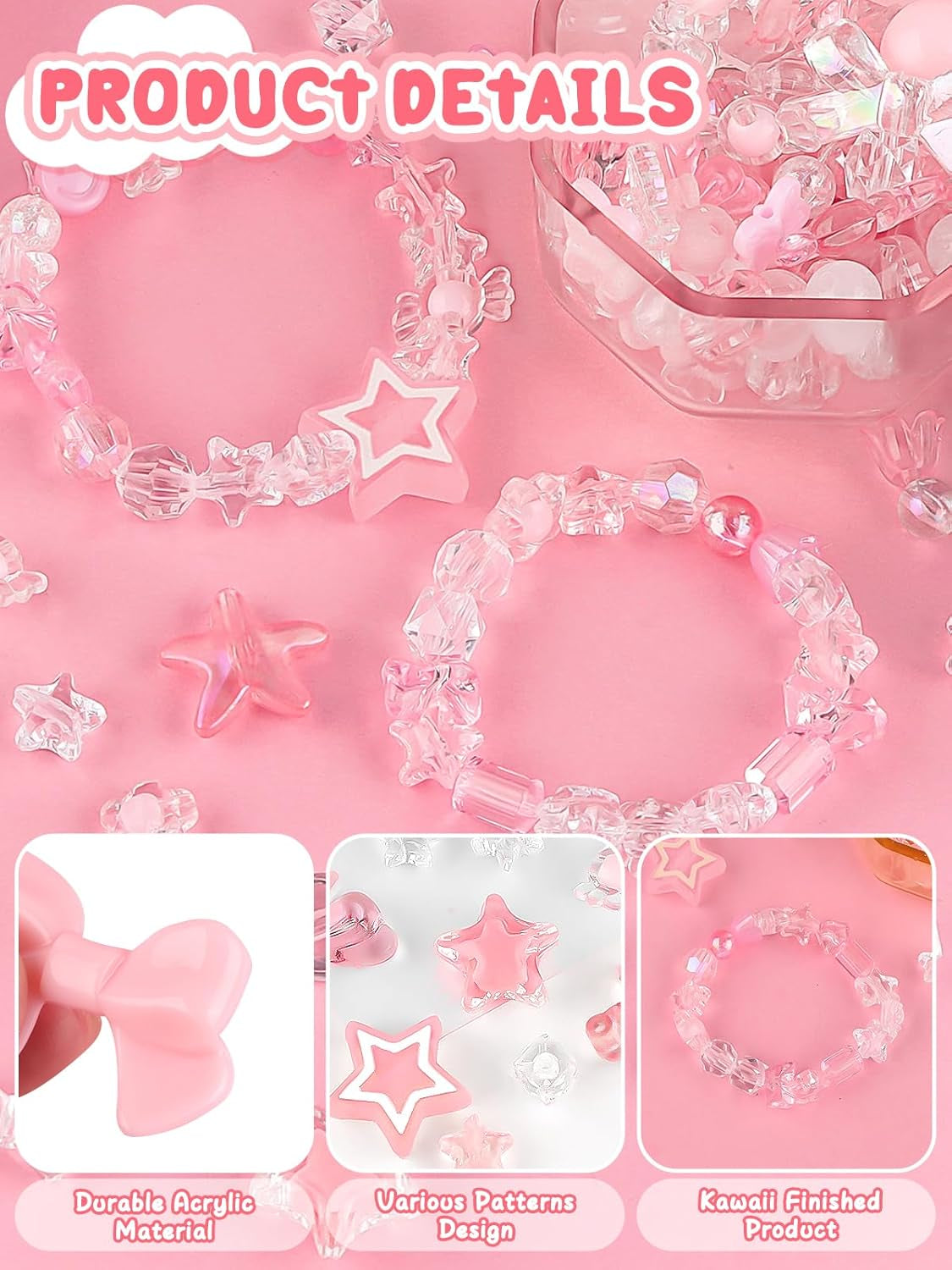 150PCS Acrylic Pastel Beads for Jewelry Making,  Colorful Bow Butterfly Flower Kawaii Plastic Candy Heart Cute Macaroon Aesthetic Beads for Bracelet Necklace DIY Supplies (Pink)