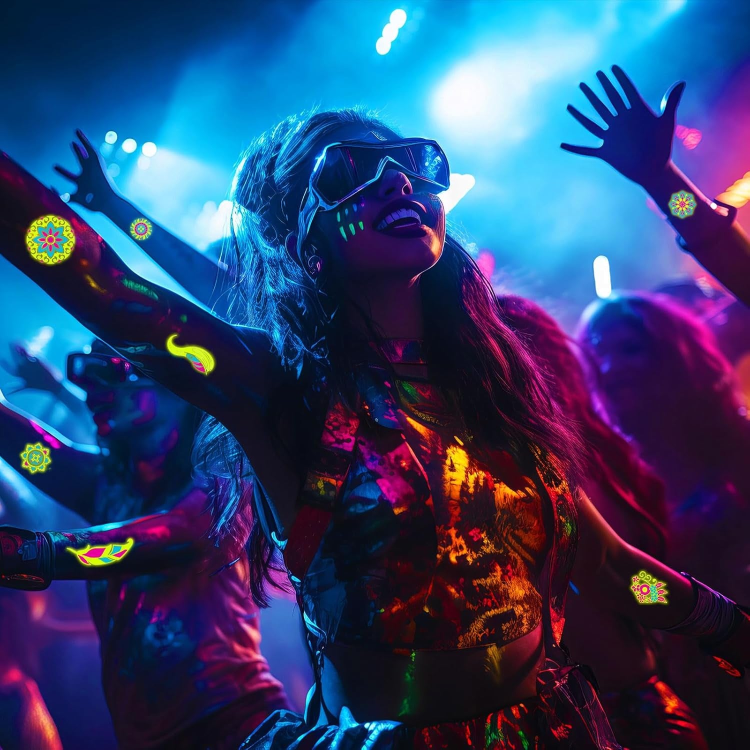 Glow in the Dark Party Supply 20 Sheet (Over 160 Pcs) Glow Temporary Tattoo Stickers,12 UV Neon Light Face Body Crayons Paint Kit for Kid Adult Masquerade Masks Mardi Gras Supplies Neon Favor