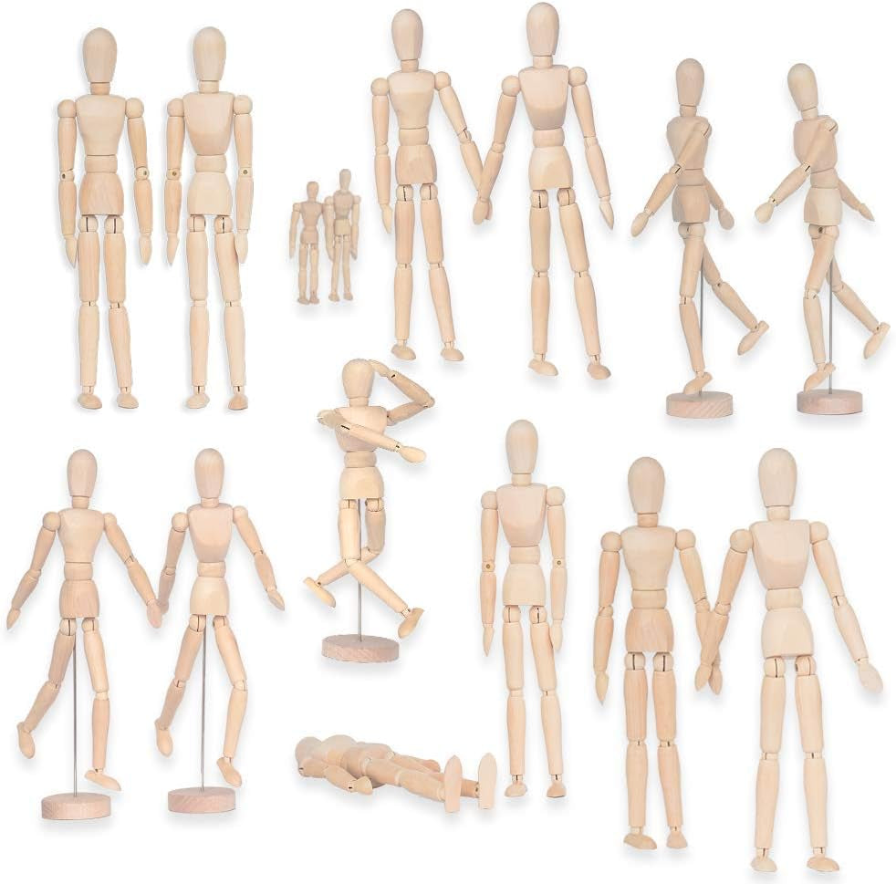 2 Pack 12 Inches Tall Wooden Mannequin Artist Manikin with Stand - Great for Drawing or Desktop Decor （Men and Women/Dad and Mom ）