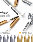 Metallic Markers Pens, Silver and Gold Paint Pens, Value Set of 12 Metallic Pens for Black Paper, Rock Painting, Card Making, DIY Photo Album, Wood, Halloween Pumpkin, Scrapbook Supplies