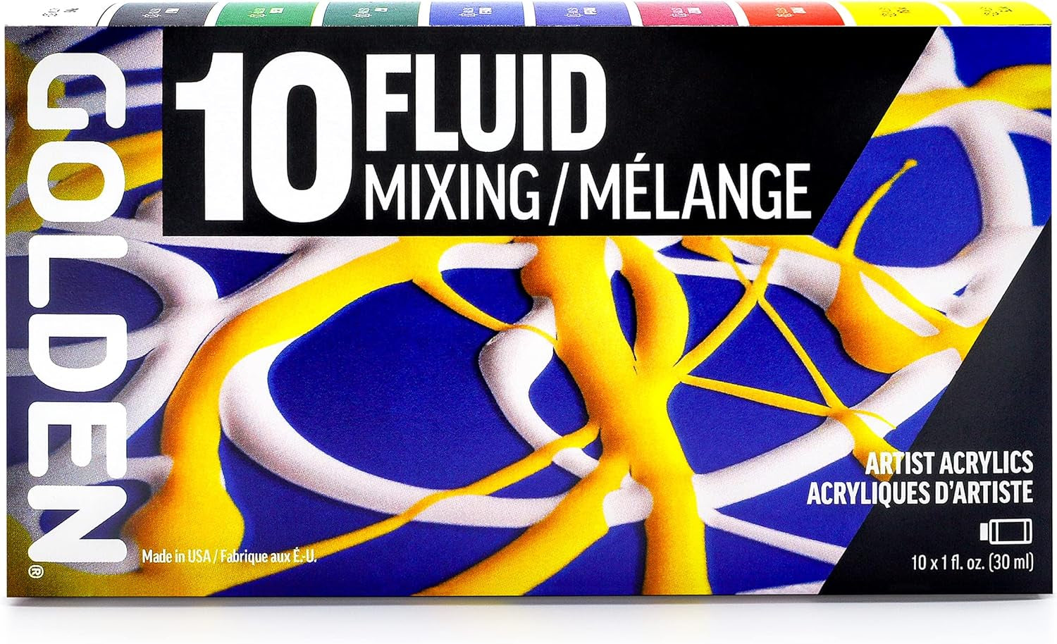 Fluid Acrylics by GOLDEN, 10 X 1 Fl. Oz.(30 Ml) Bottles, Fluid Mixing Set, Professional Acrylic Paint, 10 Colors