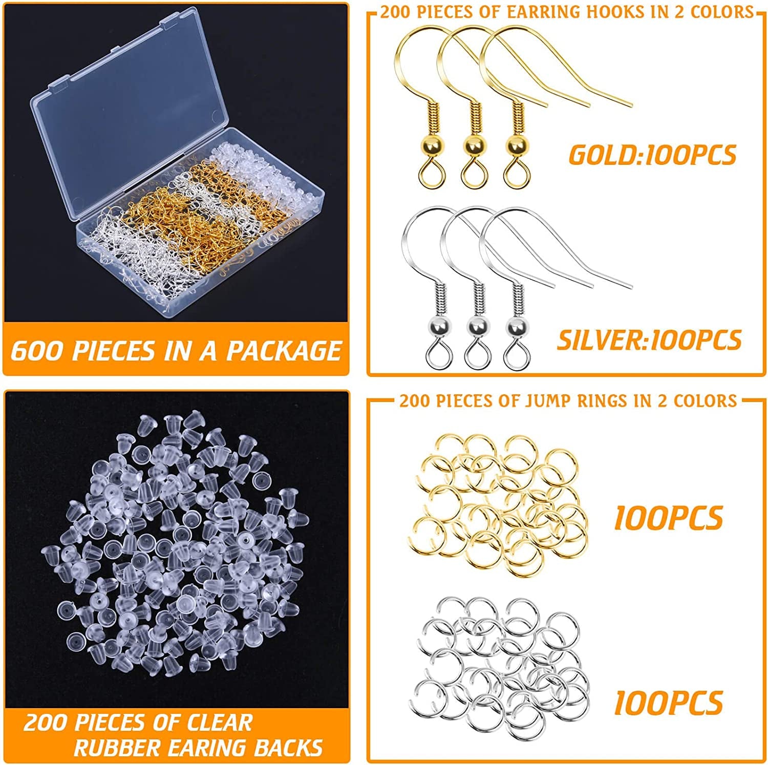 Hypoallergenic Earring Hooks,  600Pcs Earring Making Kit with Jump Rings and Clear Rubber Earring Backs for DIY Jewelry Making (Silver and Gold)